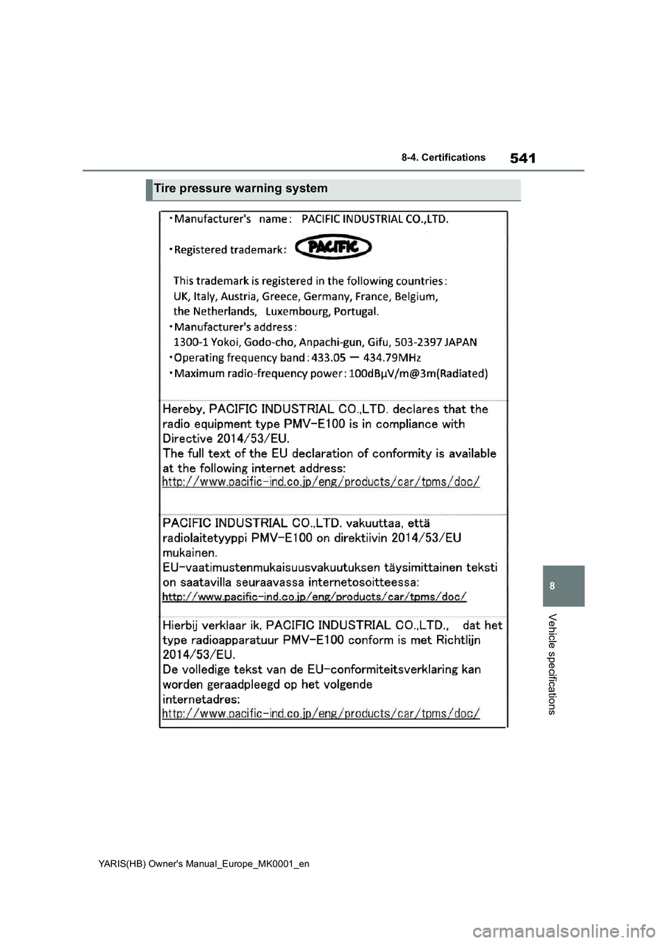 TOYOTA YARIS 2021 Owners Manual 541
8
YARIS(HB) Owners Manual_Europe_MK0001_en
8-4. Certifications
Vehicle specifications
Tire pressure warning system TOYOTA YARIS 2021 Owners Manual 541
8
YARIS(HB) Owners Manual_Europe_MK0001_en
8-4. Certifications
Vehicle specifications
Tire pressure warning system