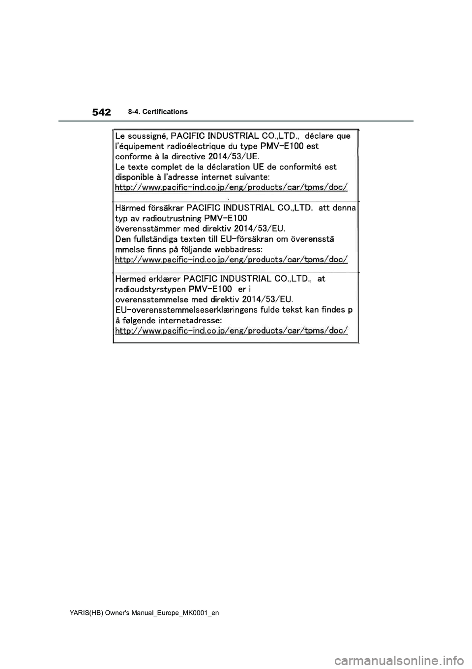 TOYOTA YARIS 2021 Owners Manual 542
YARIS(HB) Owners Manual_Europe_MK0001_en
8-4. Certifications TOYOTA YARIS 2021 Owners Manual 542
YARIS(HB) Owners Manual_Europe_MK0001_en
8-4. Certifications