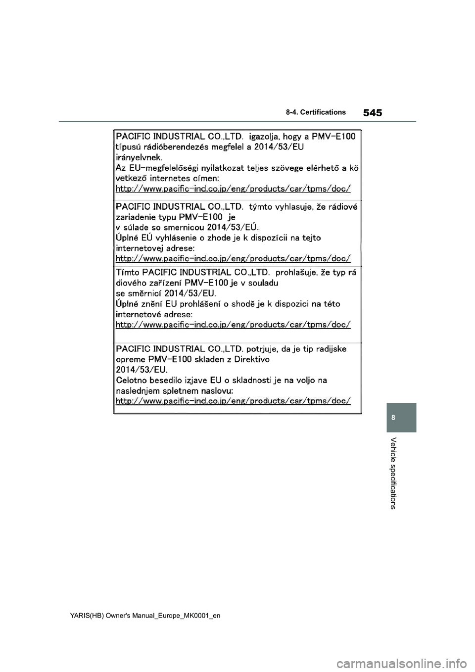 TOYOTA YARIS 2021 Owners Manual 545
8
YARIS(HB) Owners Manual_Europe_MK0001_en
8-4. Certifications
Vehicle specifications TOYOTA YARIS 2021 Owners Manual 545
8
YARIS(HB) Owners Manual_Europe_MK0001_en
8-4. Certifications
Vehicle specifications