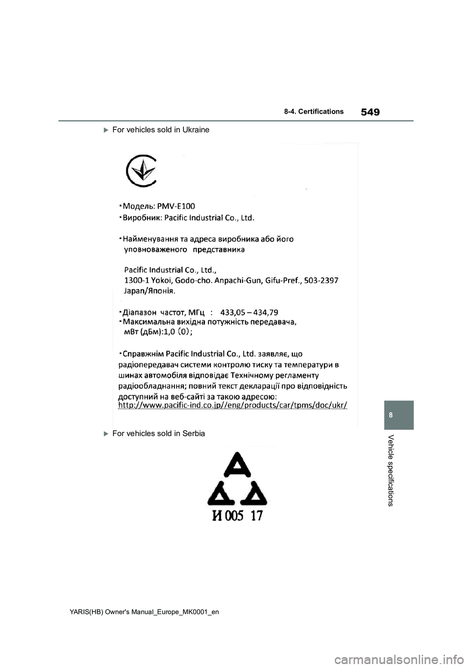 TOYOTA YARIS 2021 Owners Manual 549
8
YARIS(HB) Owners Manual_Europe_MK0001_en
8-4. Certifications
Vehicle specifications
For vehicles sold in Ukraine
For vehicles sold in Serbia TOYOTA YARIS 2021 Owners Manual 549
8
YARIS(HB) Owners Manual_Europe_MK0001_en
8-4. Certifications
Vehicle specifications
For vehicles sold in Ukraine
For vehicles sold in Serbia