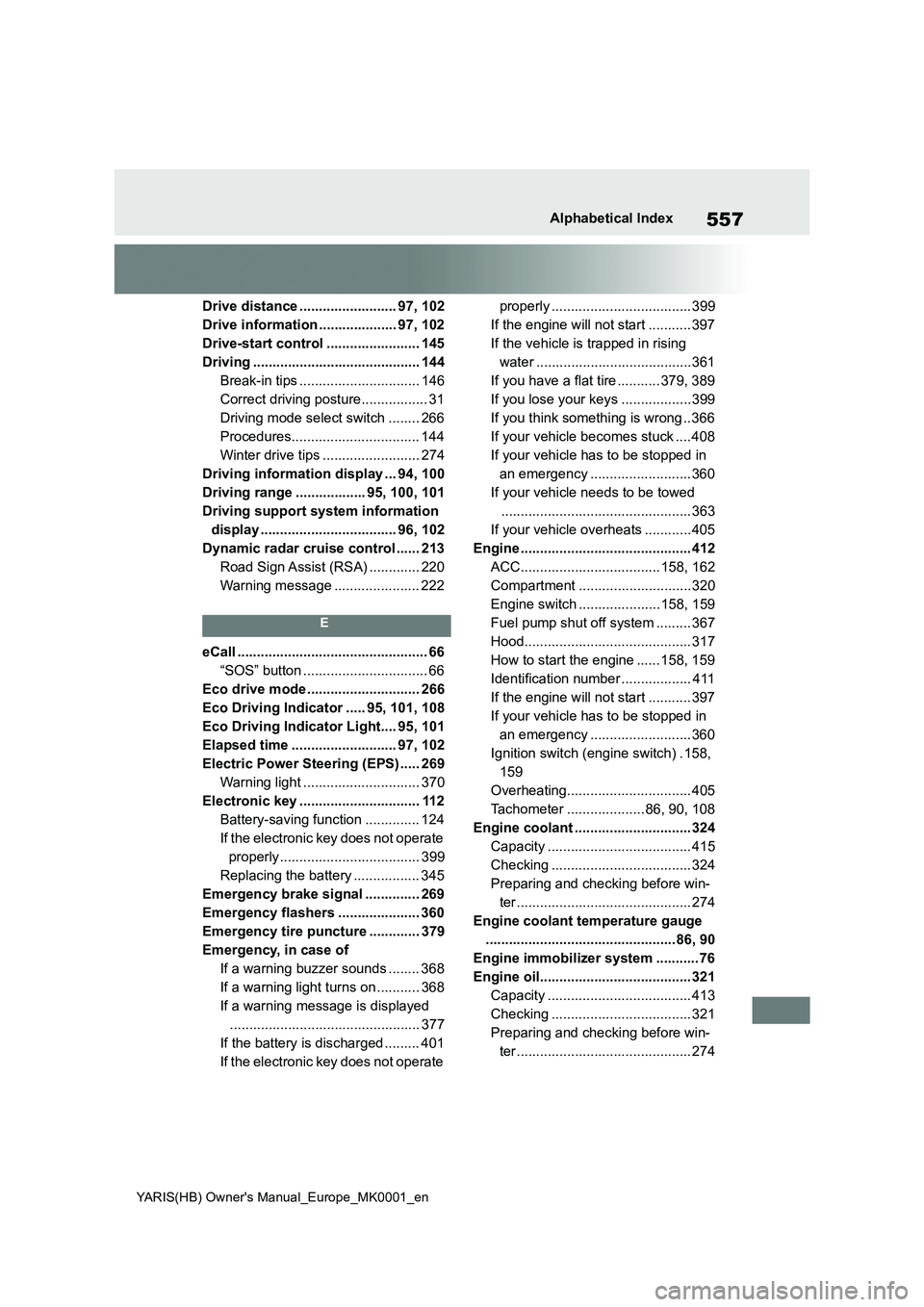 TOYOTA YARIS 2021 Owners Manual 557
YARIS(HB) Owners Manual_Europe_MK0001_en
Alphabetical Index
Drive distance ......................... 97, 102
Drive information .................... 97, 102
Drive-start control ................... TOYOTA YARIS 2021 Owners Manual 557
YARIS(HB) Owners Manual_Europe_MK0001_en
Alphabetical Index
Drive distance ......................... 97, 102
Drive information .................... 97, 102
Drive-start control ...................