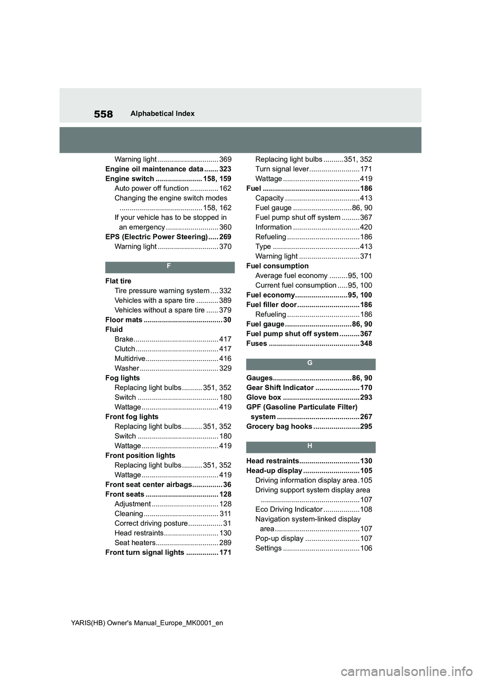 TOYOTA YARIS 2021  Owners Manual 558
YARIS(HB) Owners Manual_Europe_MK0001_en
Alphabetical Index
Warning light .............................. 369
Engine oil maintenance data ....... 323
Engine switch ....................... 158, 159