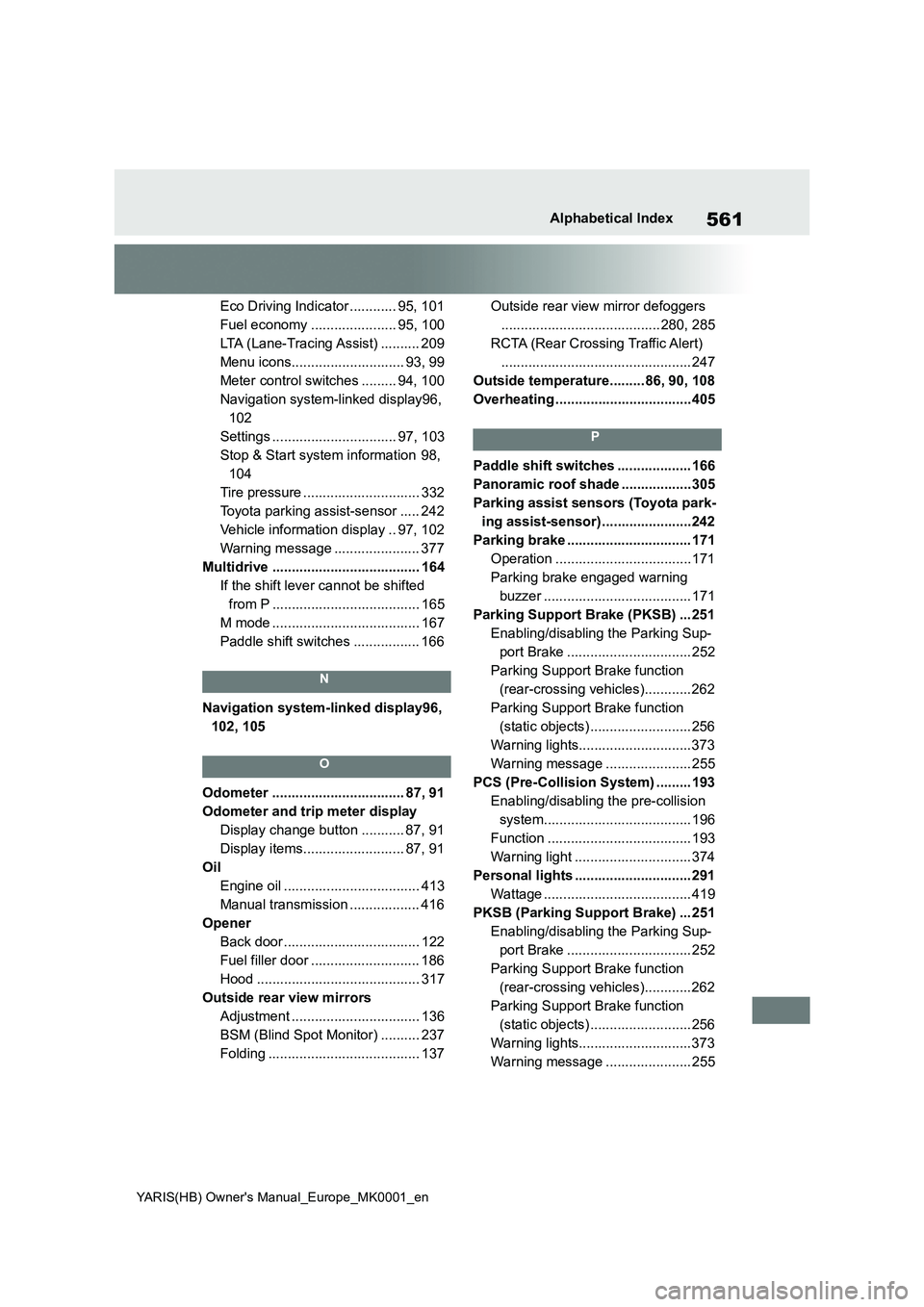 TOYOTA YARIS 2021 Repair Manual 561
YARIS(HB) Owners Manual_Europe_MK0001_en
Alphabetical Index
Eco Driving Indicator ............ 95, 101
Fuel economy ...................... 95, 100
LTA (Lane-Tracing Assist) .......... 209
Menu ic TOYOTA YARIS 2021 Repair Manual 561
YARIS(HB) Owners Manual_Europe_MK0001_en
Alphabetical Index
Eco Driving Indicator ............ 95, 101
Fuel economy ...................... 95, 100
LTA (Lane-Tracing Assist) .......... 209
Menu ic