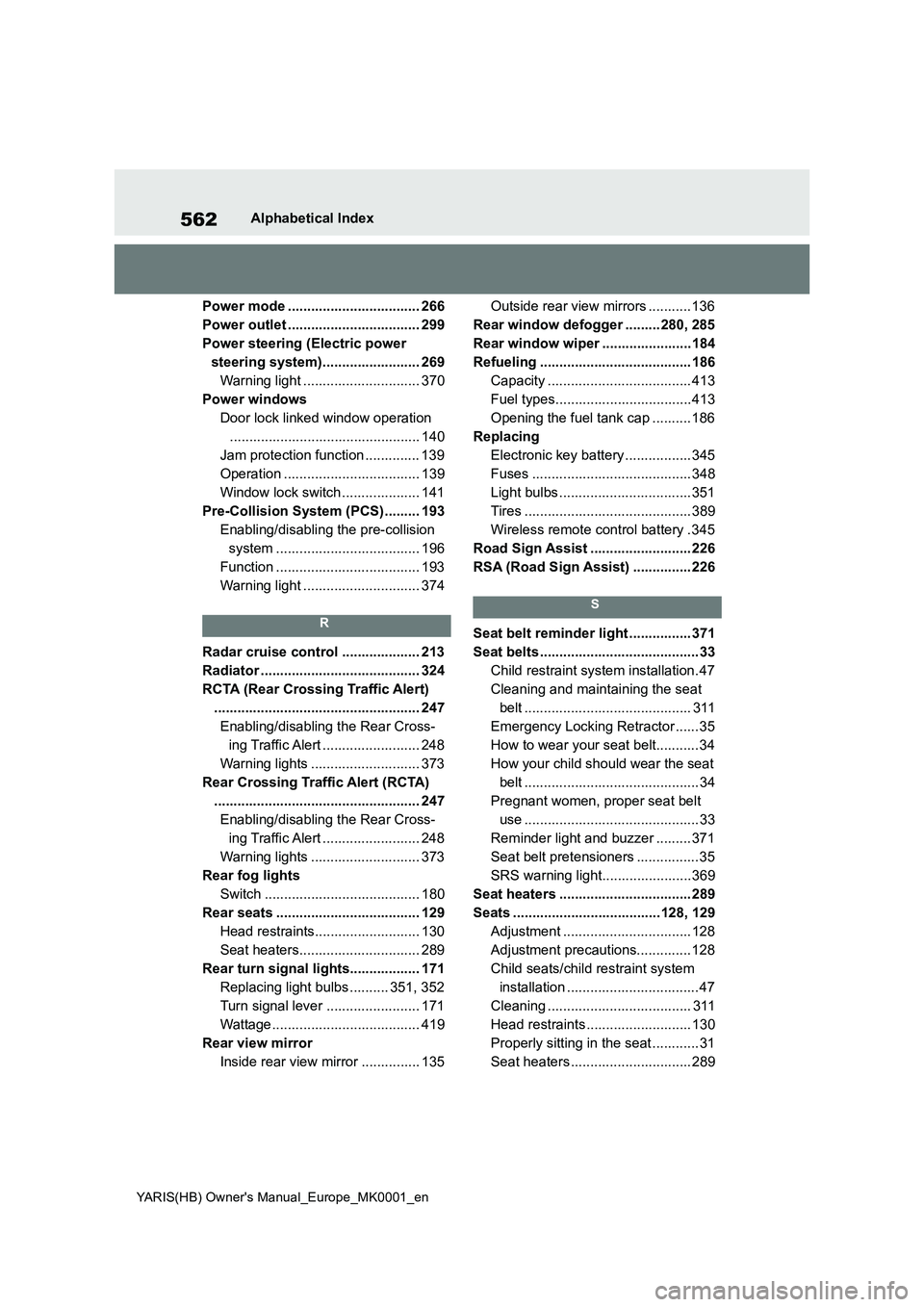 TOYOTA YARIS 2021 Owners Manual 562
YARIS(HB) Owners Manual_Europe_MK0001_en
Alphabetical Index
Power mode .................................. 266
Power outlet .................................. 299
Power steering (Electric power
s TOYOTA YARIS 2021 Owners Manual 562
YARIS(HB) Owners Manual_Europe_MK0001_en
Alphabetical Index
Power mode .................................. 266
Power outlet .................................. 299
Power steering (Electric power
s