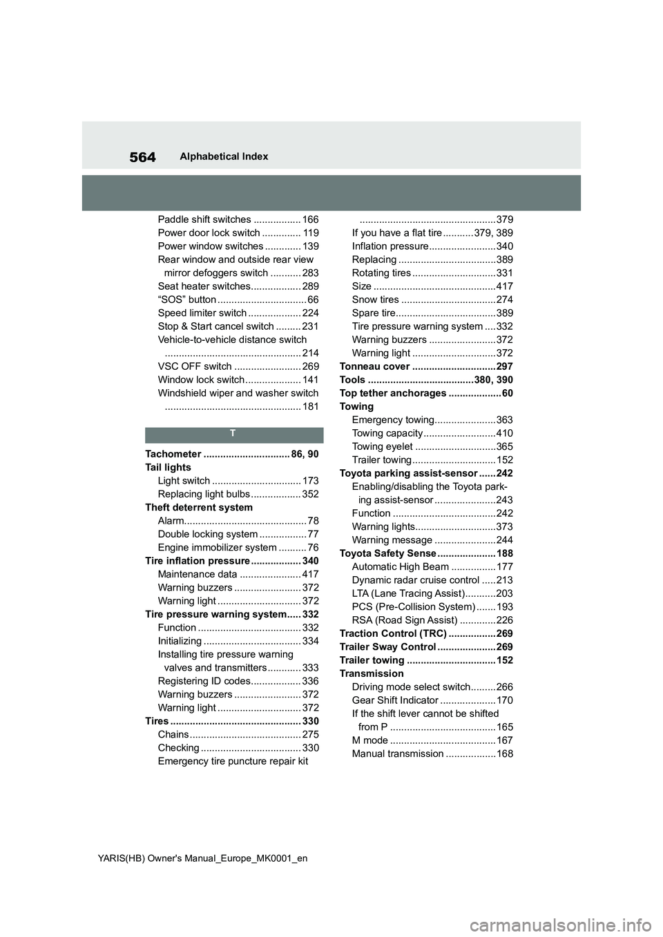 TOYOTA YARIS 2021 Manual PDF 564
YARIS(HB) Owners Manual_Europe_MK0001_en
Alphabetical Index
Paddle shift switches ................. 166
Power door lock switch .............. 119
Power window switches ............. 139
Rear wind TOYOTA YARIS 2021 Manual PDF 564
YARIS(HB) Owners Manual_Europe_MK0001_en
Alphabetical Index
Paddle shift switches ................. 166
Power door lock switch .............. 119
Power window switches ............. 139
Rear wind