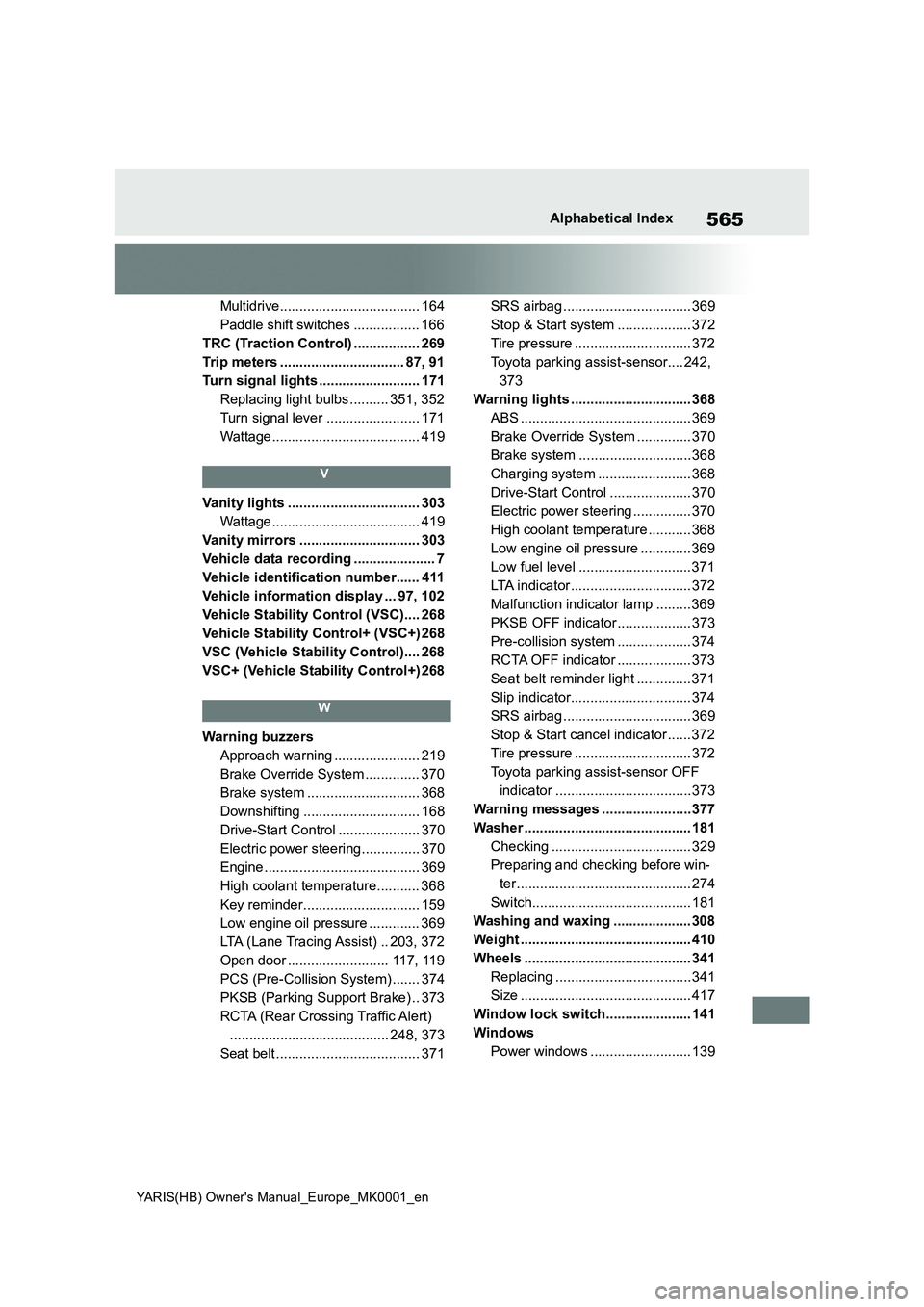 TOYOTA YARIS 2021 Manual PDF 565
YARIS(HB) Owners Manual_Europe_MK0001_en
Alphabetical Index
Multidrive.................................... 164
Paddle shift switches ................. 166
TRC (Traction Control) ................. TOYOTA YARIS 2021 Manual PDF 565
YARIS(HB) Owners Manual_Europe_MK0001_en
Alphabetical Index
Multidrive.................................... 164
Paddle shift switches ................. 166
TRC (Traction Control) .................