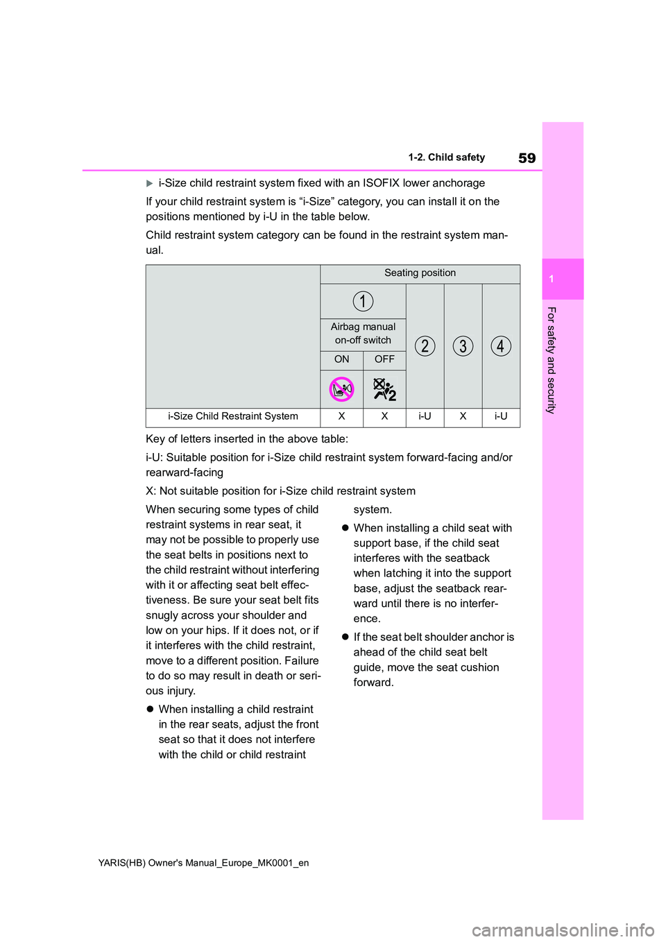 TOYOTA YARIS 2021 Owners Manual 59
1
YARIS(HB) Owners Manual_Europe_MK0001_en
1-2. Child safety
For safety and security
i-Size child restraint system fixed with an ISOFIX lower anchorage 
If your child restraint system is “i-S