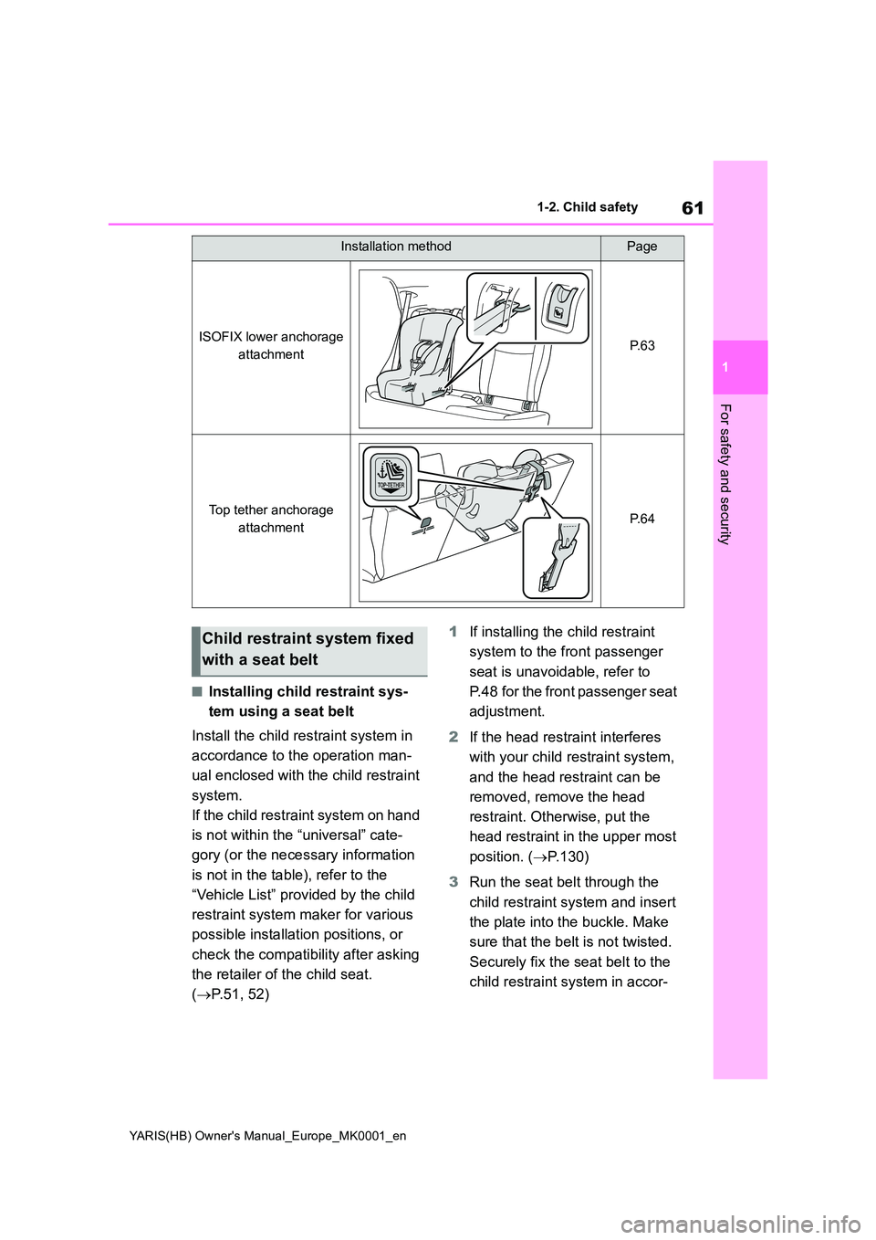 TOYOTA YARIS 2021 Owners Manual 61
1
YARIS(HB) Owners Manual_Europe_MK0001_en
1-2. Child safety
For safety and security
■Installing child restraint sys- 
tem using a seat belt 
Install the child restraint system in  
accordance t
