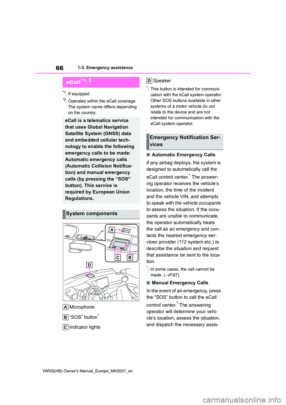 TOYOTA YARIS 2021 Repair Manual 66
YARIS(HB) Owners Manual_Europe_MK0001_en
1-3. Emergency assistance
1-3.Emerg ency as sista nce
*1: If equipped
*2: Operates within the eCall coverage.
The system name differs depending
on the TOYOTA YARIS 2021 Repair Manual 66
YARIS(HB) Owners Manual_Europe_MK0001_en
1-3. Emergency assistance
1-3.Emerg ency as sista nce
*1: If equipped
*2: Operates within the eCall coverage.
The system name differs depending
on the