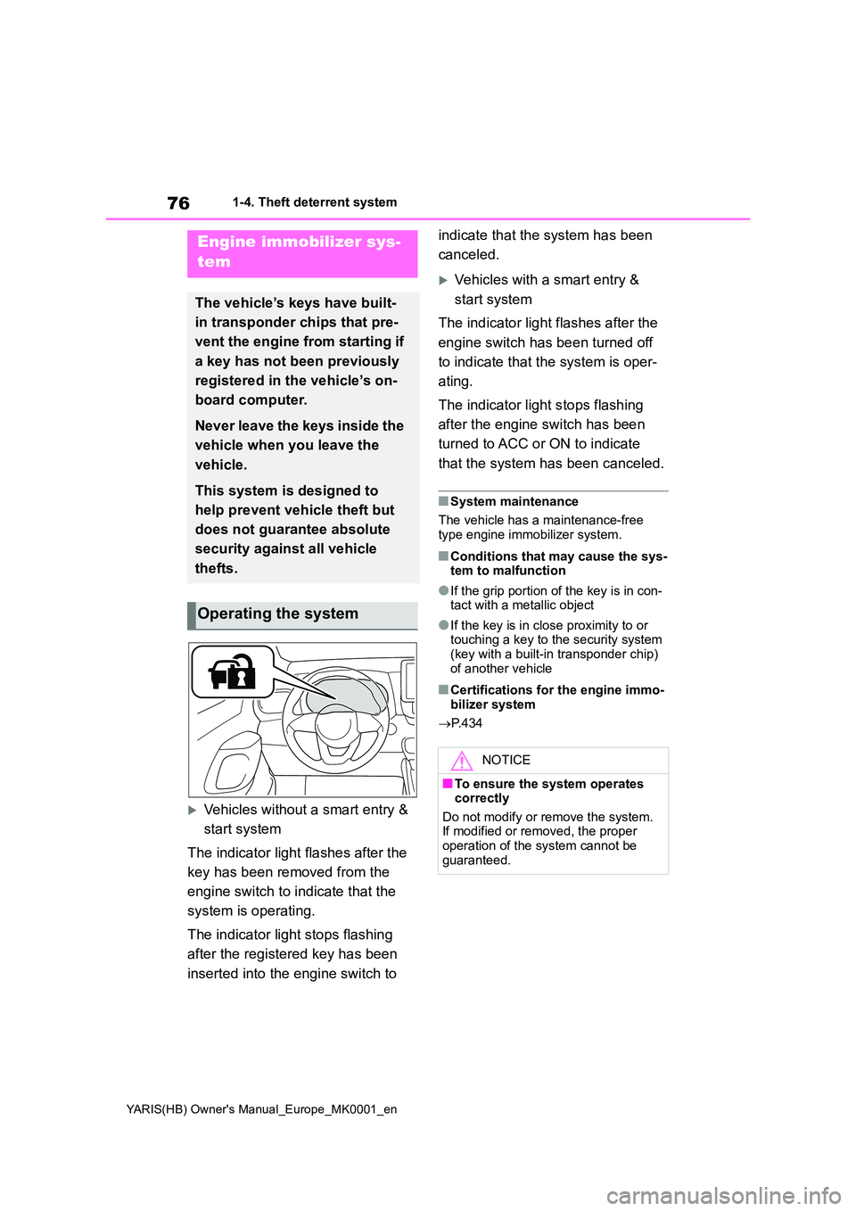 TOYOTA YARIS 2021 Manual PDF 76
YARIS(HB) Owners Manual_Europe_MK0001_en
1-4. Theft deterrent system
1-4.Theft de terre nt sys te m
Vehicles without a smart entry &
start system
The indicator light flashes after the
key TOYOTA YARIS 2021 Manual PDF 76
YARIS(HB) Owners Manual_Europe_MK0001_en
1-4. Theft deterrent system
1-4.Theft de terre nt sys te m
Vehicles without a smart entry &
start system
The indicator light flashes after the
key