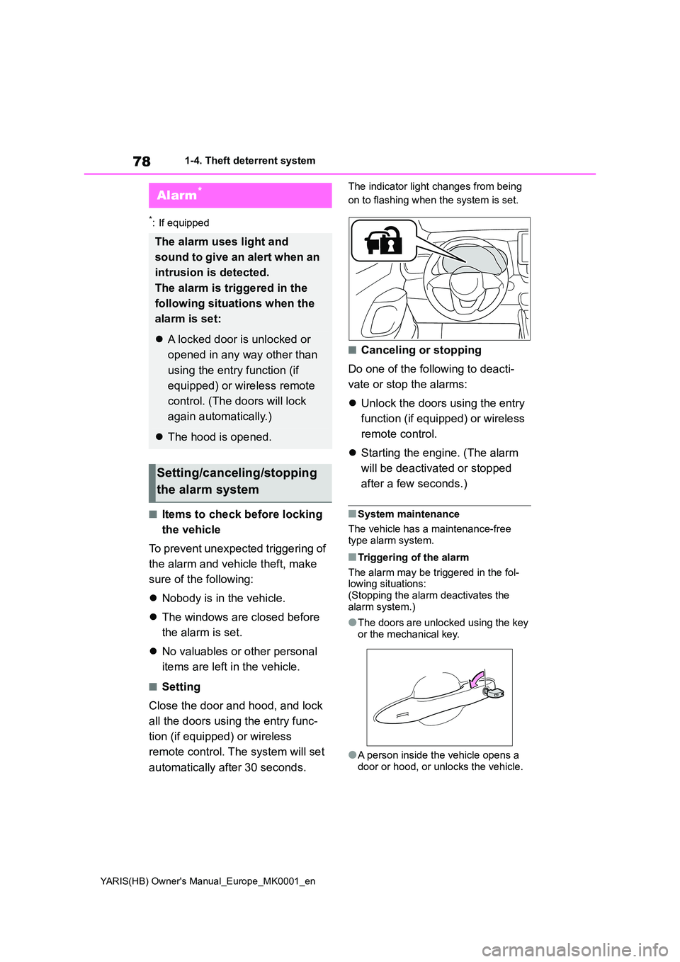TOYOTA YARIS 2021 Manual PDF 78
YARIS(HB) Owners Manual_Europe_MK0001_en
1-4. Theft deterrent system
*: If equipped
■Items to check before locking
the vehicle
To prevent unexpected triggering of
the alarm and vehicle thef TOYOTA YARIS 2021 Manual PDF 78
YARIS(HB) Owners Manual_Europe_MK0001_en
1-4. Theft deterrent system
*: If equipped
■Items to check before locking
the vehicle
To prevent unexpected triggering of
the alarm and vehicle thef