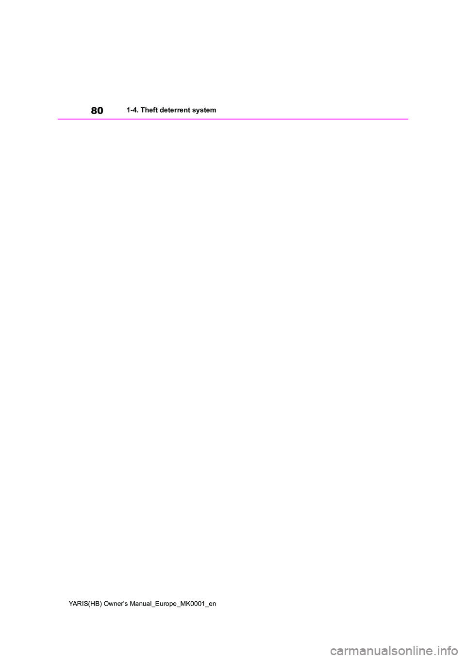 TOYOTA YARIS 2021 Manual PDF 80
YARIS(HB) Owners Manual_Europe_MK0001_en
1-4. Theft deterrent system TOYOTA YARIS 2021 Manual PDF 80
YARIS(HB) Owners Manual_Europe_MK0001_en
1-4. Theft deterrent system