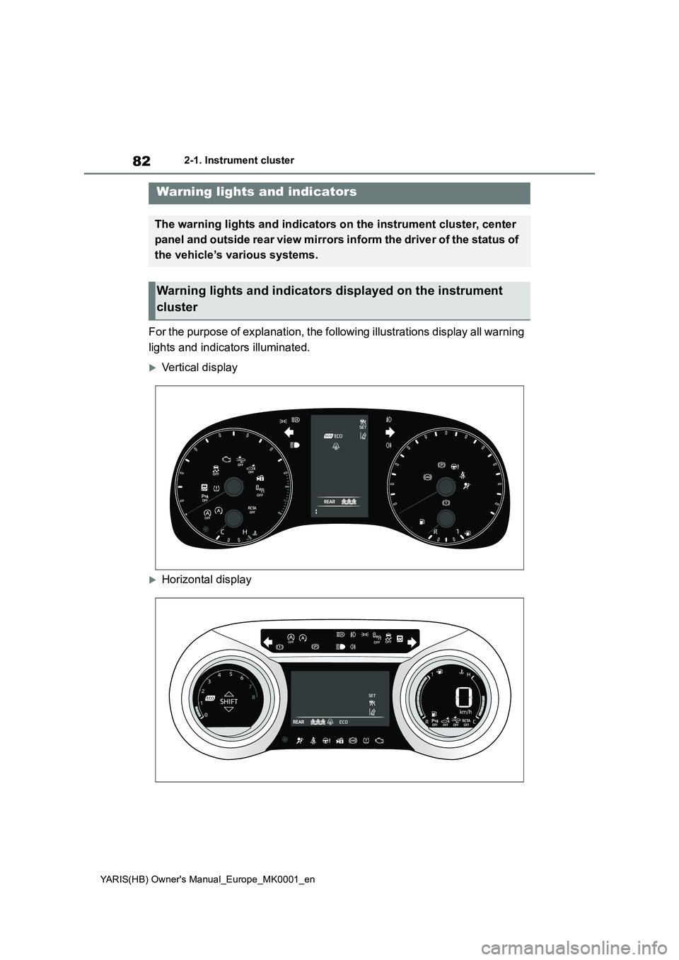 TOYOTA YARIS 2021  Owners Manual 82
YARIS(HB) Owners Manual_Europe_MK0001_en
2-1. Instrument cluster
2-1.In strument clu ste r
For the purpose of explanation, the following illustrations display all warning 
lights and indicators il