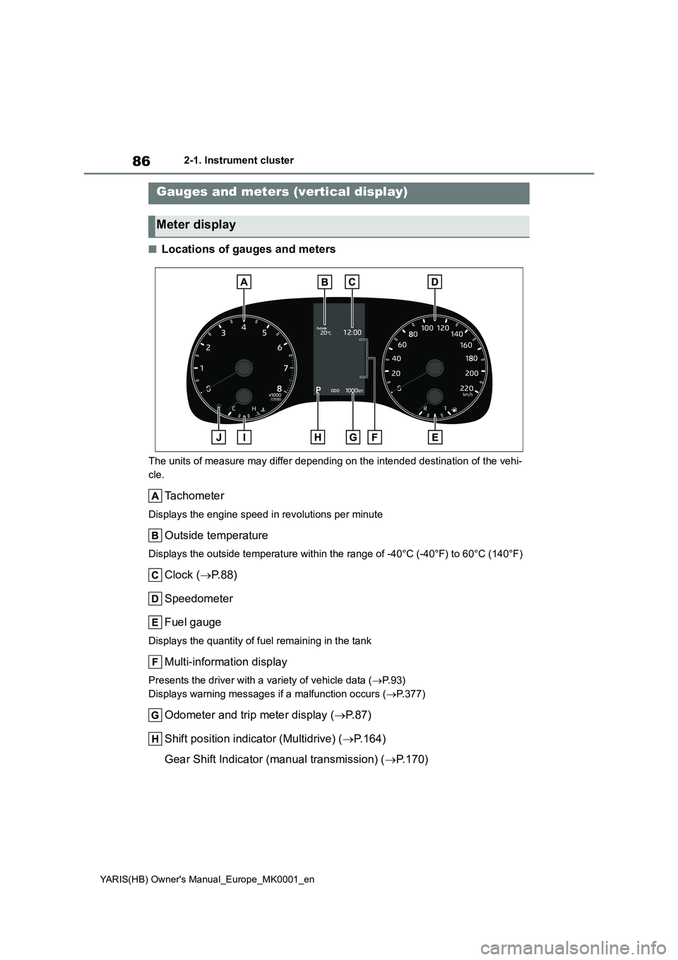 TOYOTA YARIS 2021 Manual Online 86
YARIS(HB) Owners Manual_Europe_MK0001_en
2-1. Instrument cluster
■Locations of gauges and meters
The units of measure may differ depending on the intended destination of the vehi-
cle.
Tachomete TOYOTA YARIS 2021 Manual Online 86
YARIS(HB) Owners Manual_Europe_MK0001_en
2-1. Instrument cluster
■Locations of gauges and meters
The units of measure may differ depending on the intended destination of the vehi-
cle.
Tachomete
