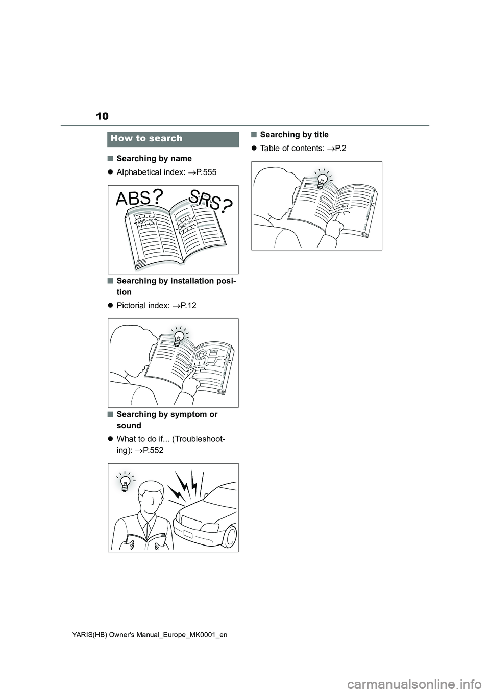 TOYOTA YARIS 2021  Owners Manual 10
YARIS(HB) Owners Manual_Europe_MK0001_en
■Searching by name
�zAlphabetical index: →P. 5 5 5
■Searching by installation posi-
tion
�zPictorial index: →P. 1 2
■Searching by symptom or 
sou