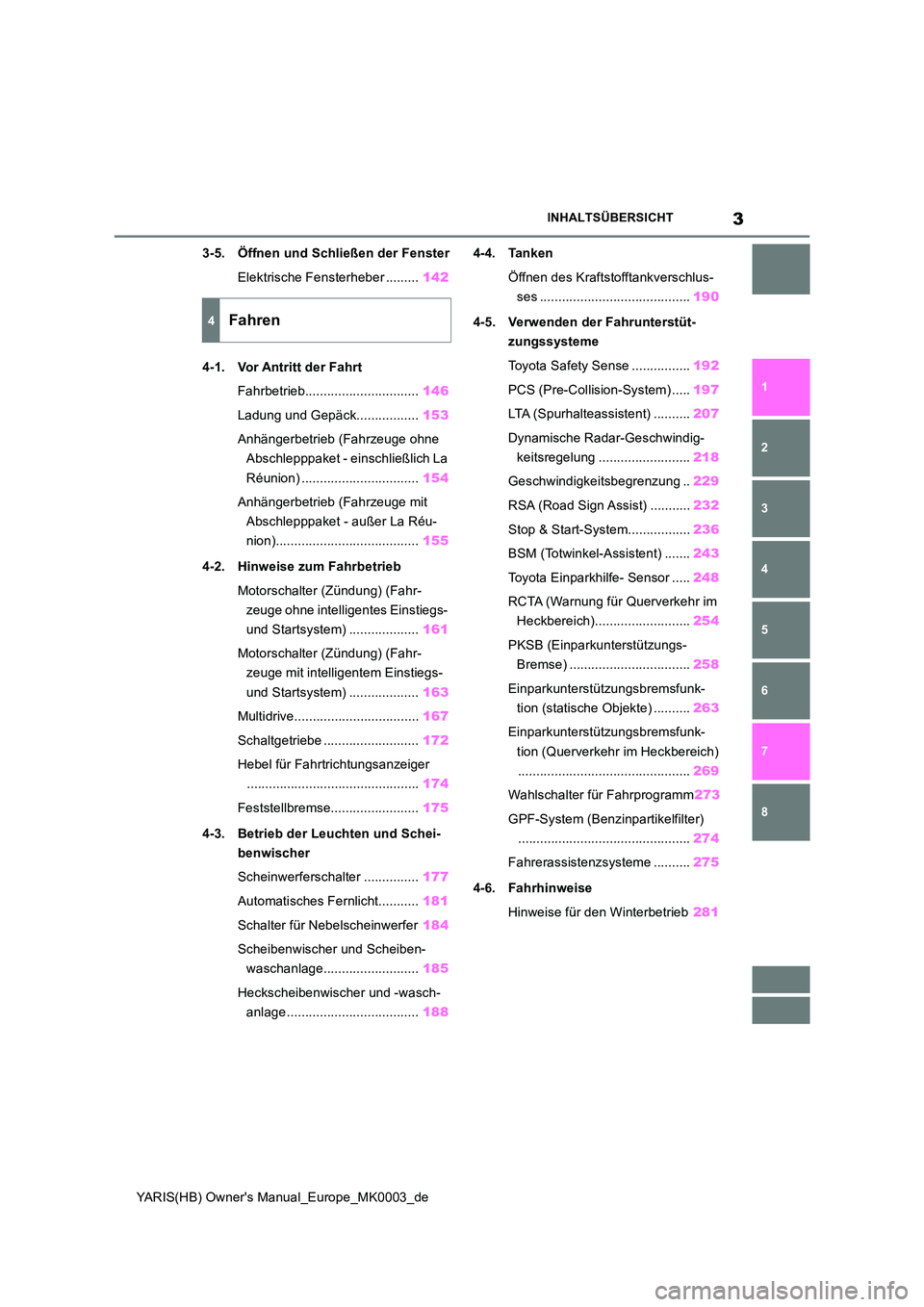 TOYOTA YARIS 2021  Betriebsanleitungen (in German) 3
YARIS(HB) Owners Manual_Europe_MK0003_de
INHALTSÜBERSICHT
1 
6 
5
4
3
2
8
7
3-5. Öffnen und Schließen der Fenster 
Elektrische Fensterheber ......... 142 
4-1. Vor Antritt der Fahrt 
Fahrbetrieb