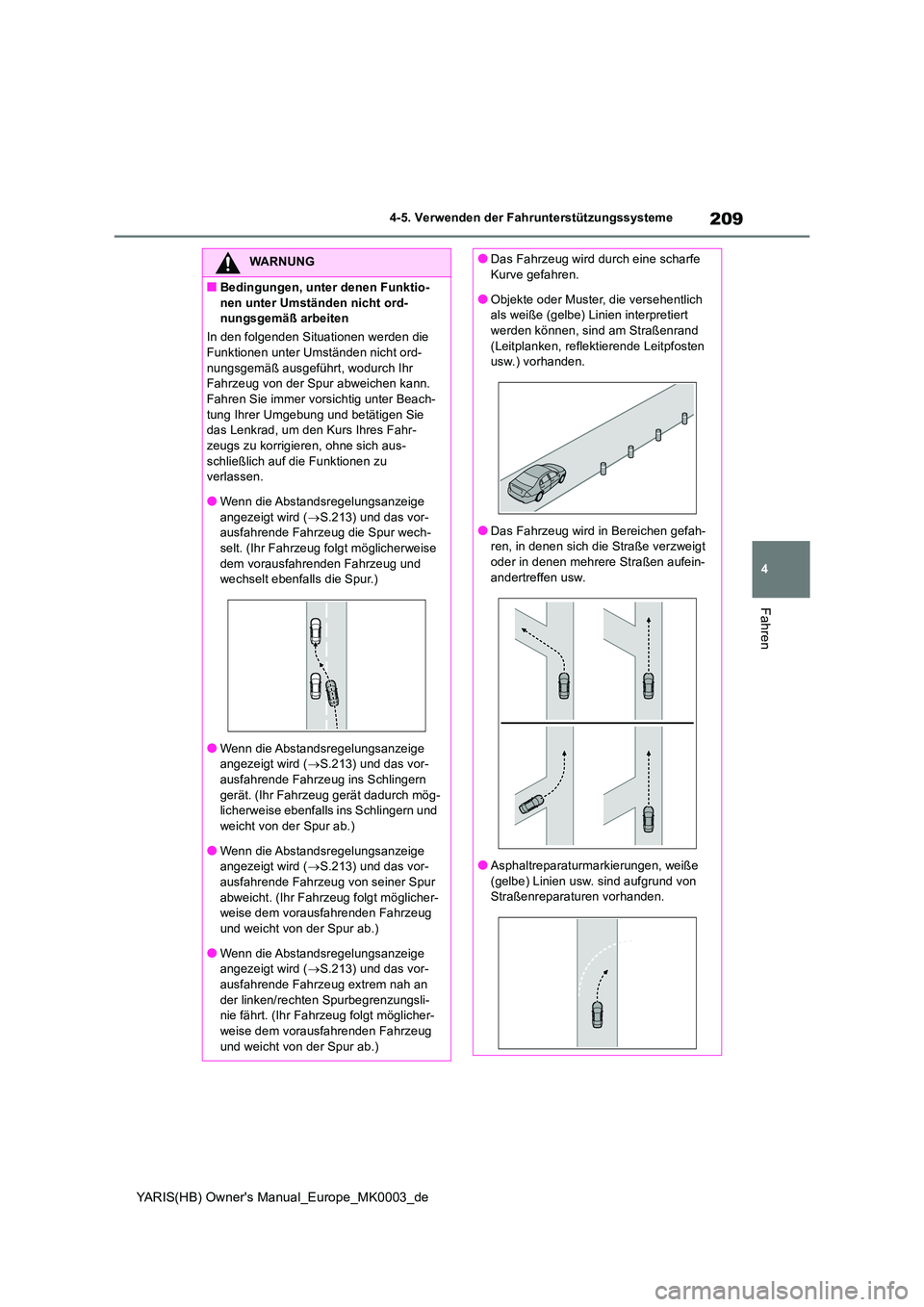 TOYOTA YARIS 2021 Betriebsanleitungen (in German) 209
4
YARIS(HB) Owners Manual_Europe_MK0003_de
4-5. Verwenden der Fahrunterstützungssysteme
Fahren
WARNUNG
■Bedingungen, unter denen Funktio-
nen unter Umständen nicht ord- nungsgemäß arbeiten TOYOTA YARIS 2021 Betriebsanleitungen (in German) 209
4
YARIS(HB) Owners Manual_Europe_MK0003_de
4-5. Verwenden der Fahrunterstützungssysteme
Fahren
WARNUNG
■Bedingungen, unter denen Funktio-
nen unter Umständen nicht ord- nungsgemäß arbeiten