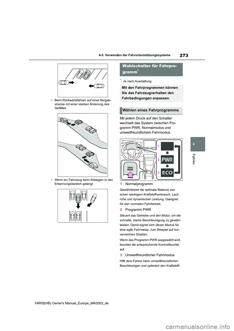 TOYOTA YARIS 2021 Betriebsanleitungen (in German) 273
4
YARIS(HB) Owners Manual_Europe_MK0003_de
4-5. Verwenden der Fahrunterstützungssysteme
Fahren
• Beim Rückwärtsfahren auf einer Bergab- strecke mit einer starken Änderung des Gefälles
• TOYOTA YARIS 2021 Betriebsanleitungen (in German) 273
4
YARIS(HB) Owners Manual_Europe_MK0003_de
4-5. Verwenden der Fahrunterstützungssysteme
Fahren
• Beim Rückwärtsfahren auf einer Bergab- strecke mit einer starken Änderung des Gefälles
•