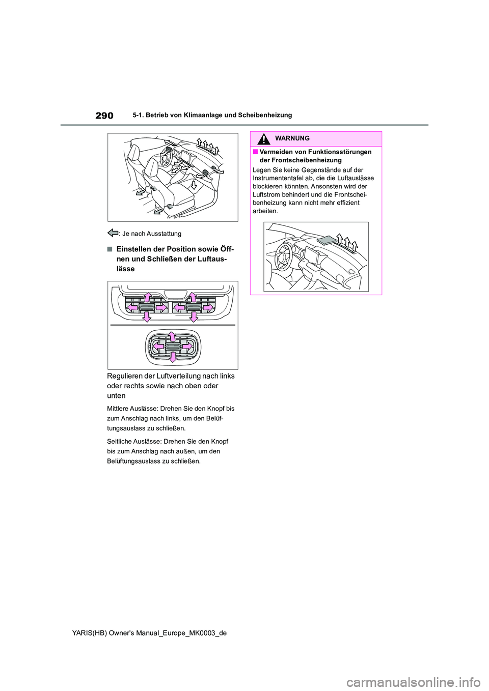 TOYOTA YARIS 2021  Betriebsanleitungen (in German) 290
YARIS(HB) Owners Manual_Europe_MK0003_de
5-1. Betrieb von Klimaanlage und Scheibenheizung 
: Je nach Ausstattung
■Einstellen der Position sowie Öff- 
nen und Schließen der Luftaus-
lässe 
Re