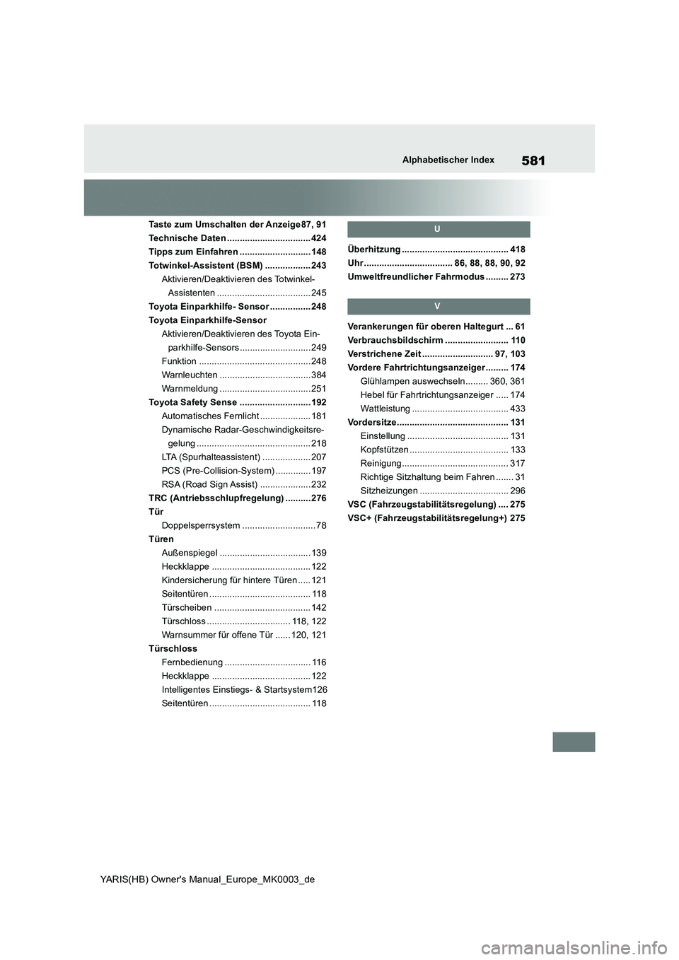 TOYOTA YARIS 2021  Betriebsanleitungen (in German) 581
YARIS(HB) Owners Manual_Europe_MK0003_de
Alphabetischer Index
Taste zum Umschalten der Anzeige87, 91
Technische Daten ................................. 424
Tipps zum Einfahren ...................
