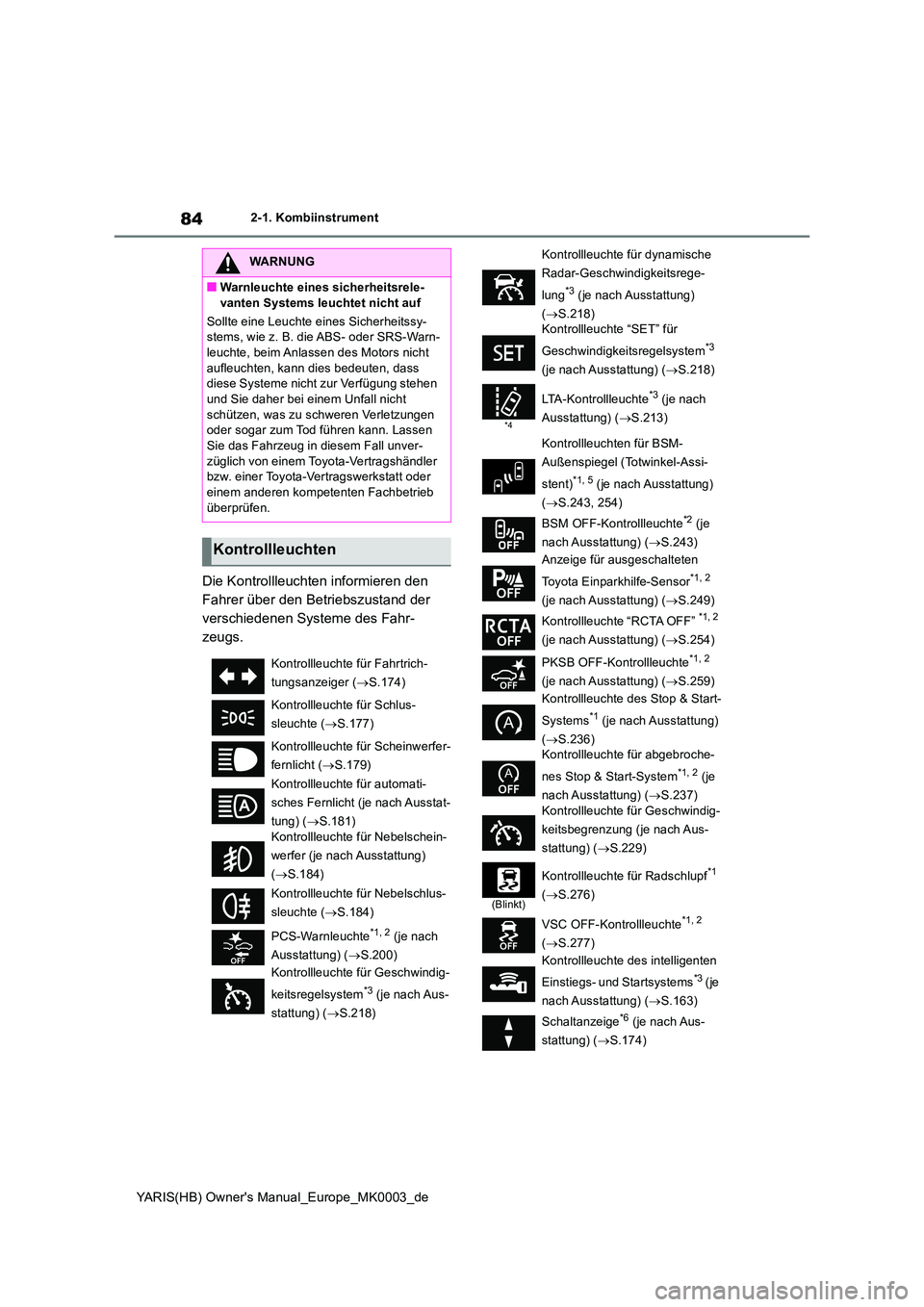 TOYOTA YARIS 2021 Betriebsanleitungen (in German) 84
YARIS(HB) Owners Manual_Europe_MK0003_de
2-1. Kombiinstrument
Die Kontrollleuchten informieren den
Fahrer über den Betriebszustand der
verschiedenen Systeme des Fahr-
zeugs.
WARNUNG
■Warnleu TOYOTA YARIS 2021 Betriebsanleitungen (in German) 84
YARIS(HB) Owners Manual_Europe_MK0003_de
2-1. Kombiinstrument
Die Kontrollleuchten informieren den
Fahrer über den Betriebszustand der
verschiedenen Systeme des Fahr-
zeugs.
WARNUNG
■Warnleu