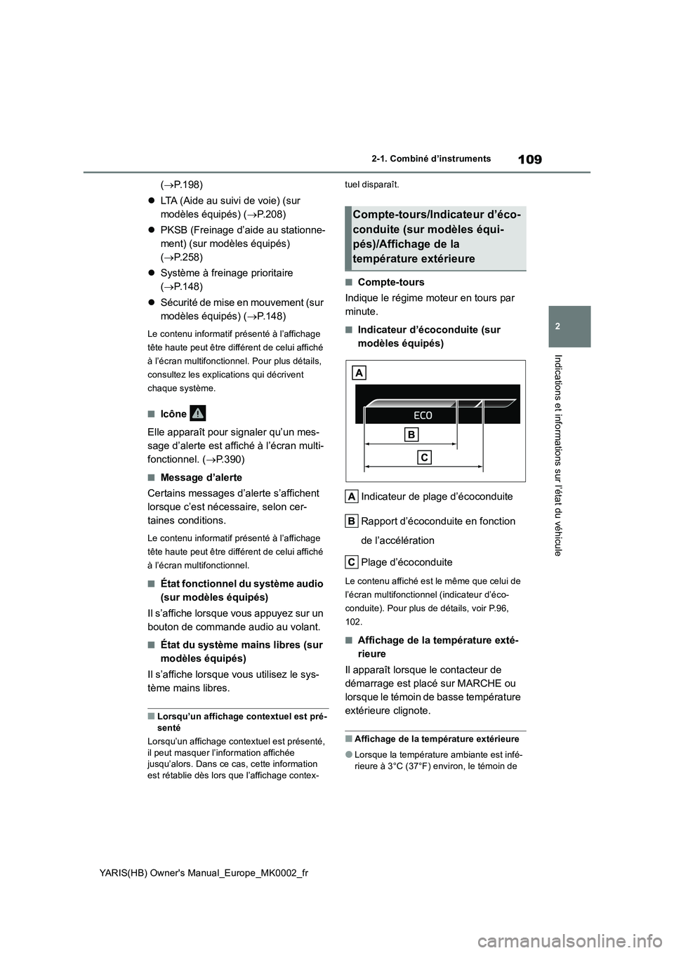 TOYOTA YARIS 2021  Notices Demploi (in French) 109
2
YARIS(HB) Owners Manual_Europe_MK0002_fr
2-1. Combiné d’instruments
Indications et informations sur l’état du véhicule
(→P.198)
�zLTA (Aide au suivi de voie) (sur 
modèles équipés) 