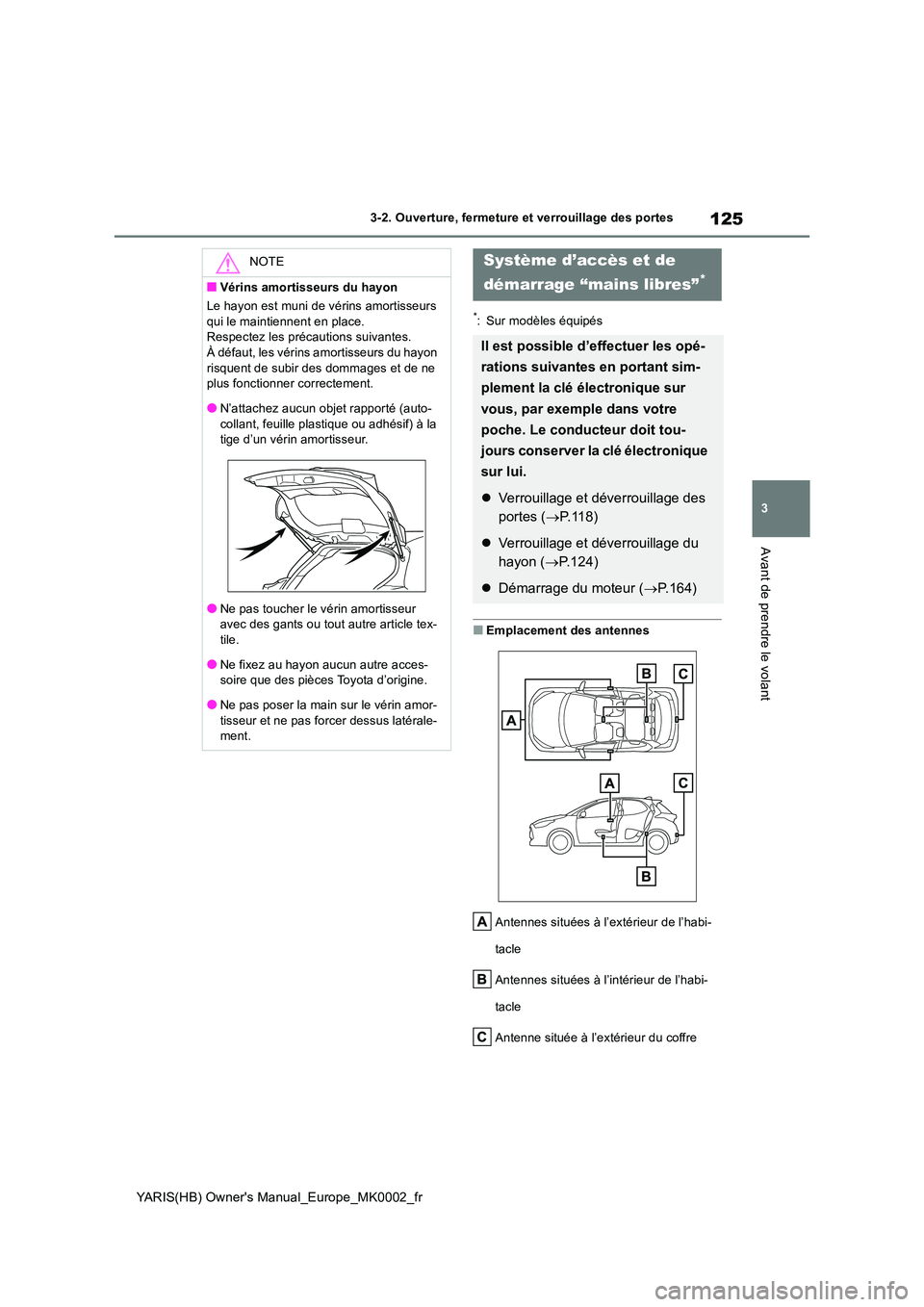 TOYOTA YARIS 2021 Notices Demploi (in French) 125
3
YARIS(HB) Owners Manual_Europe_MK0002_fr
3-2. Ouverture, fermeture et verrouillage des portes
Avant de prendre le volant
*: Sur modèles équipés
■Emplacement des antennes
Antennes situées TOYOTA YARIS 2021 Notices Demploi (in French) 125
3
YARIS(HB) Owners Manual_Europe_MK0002_fr
3-2. Ouverture, fermeture et verrouillage des portes
Avant de prendre le volant
*: Sur modèles équipés
■Emplacement des antennes
Antennes situées