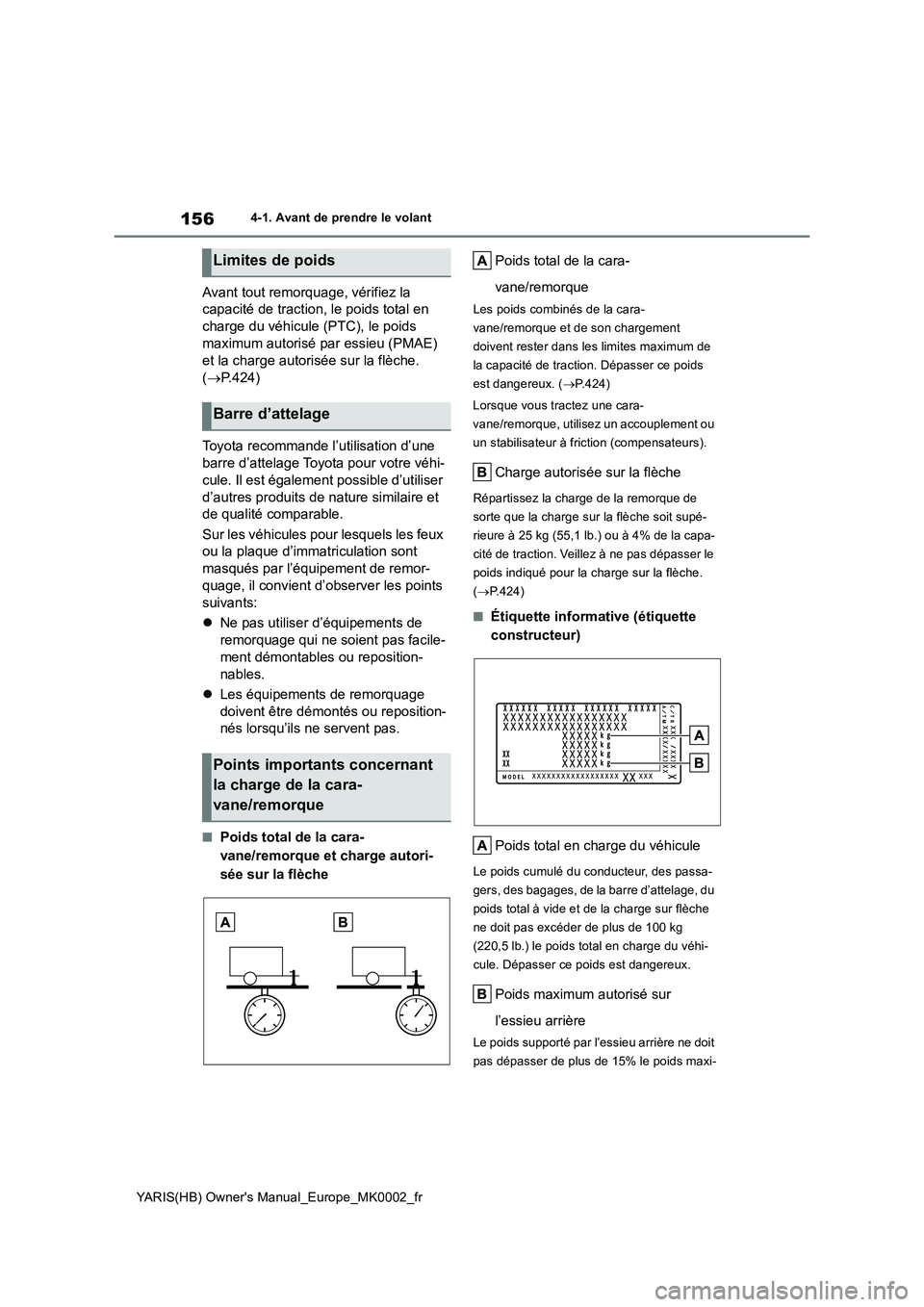 TOYOTA YARIS 2021 Notices Demploi (in French) 156
YARIS(HB) Owner's Manual_Europe_MK0002_fr
4-1. Avant de prendre le volant
Avant tout remorquage, vérifiez la
capacité de traction, le poids total en
charge du véhicule (PTC), le poids
ma TOYOTA YARIS 2021 Notices Demploi (in French) 156
YARIS(HB) Owner's Manual_Europe_MK0002_fr
4-1. Avant de prendre le volant
Avant tout remorquage, vérifiez la
capacité de traction, le poids total en
charge du véhicule (PTC), le poids
ma