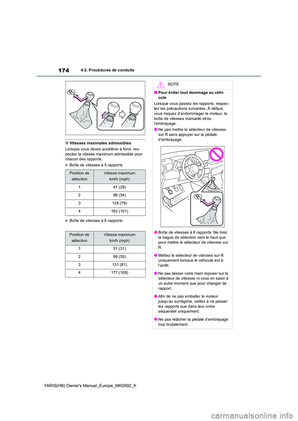 TOYOTA YARIS 2021 Notices Demploi (in French) 174
YARIS(HB) Owners Manual_Europe_MK0002_fr
4-2. Procédures de conduite
■Vitesses maximales admissibles
Lorsque vous devez accélérer à fond, res- pectez la vitesse maximum admissible pour cha TOYOTA YARIS 2021 Notices Demploi (in French) 174
YARIS(HB) Owners Manual_Europe_MK0002_fr
4-2. Procédures de conduite
■Vitesses maximales admissibles
Lorsque vous devez accélérer à fond, res- pectez la vitesse maximum admissible pour cha