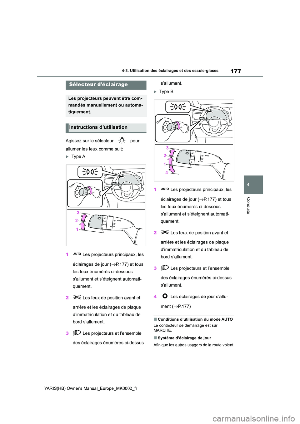 TOYOTA YARIS 2021 Notices Demploi (in French) 177
4
YARIS(HB) Owners Manual_Europe_MK0002_fr
4-3. Utilisation des éclairages et des essuie-glaces
Conduite
4-3.Utilisation des éclairages et des essuie-glaces
Agissez sur le sélecteur pour TOYOTA YARIS 2021 Notices Demploi (in French) 177
4
YARIS(HB) Owners Manual_Europe_MK0002_fr
4-3. Utilisation des éclairages et des essuie-glaces
Conduite
4-3.Utilisation des éclairages et des essuie-glaces
Agissez sur le sélecteur pour