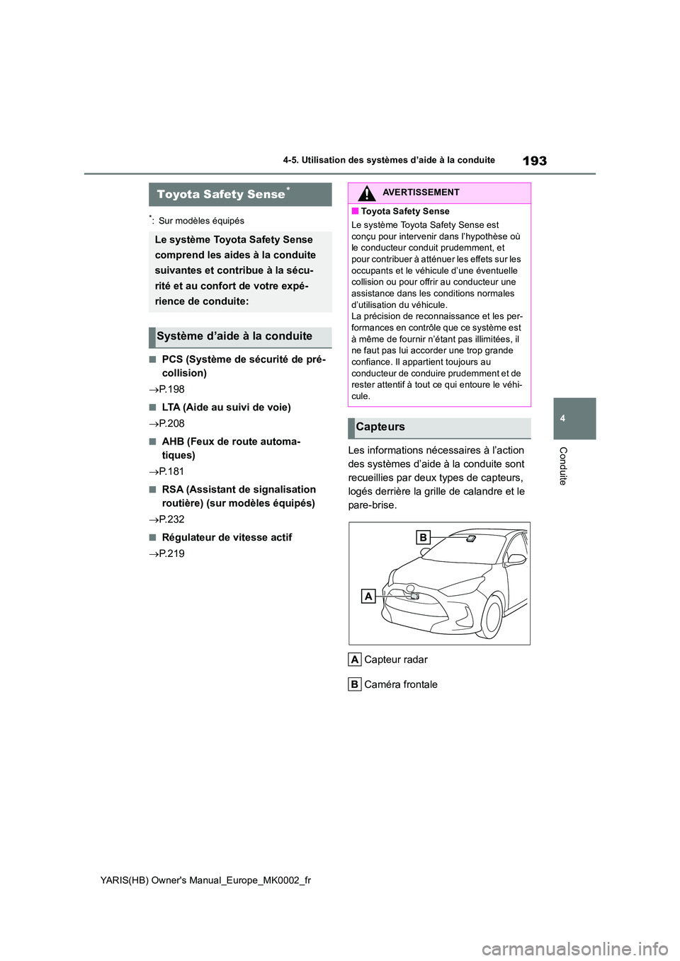 TOYOTA YARIS 2021  Notices Demploi (in French) 193
4
YARIS(HB) Owners Manual_Europe_MK0002_fr
4-5. Utilisation des systèmes d’aide à la conduite
Conduite
4-5.Utilis ation des  s ystèmes d’aide à la con duite
*: Sur modèles équipés
■P
