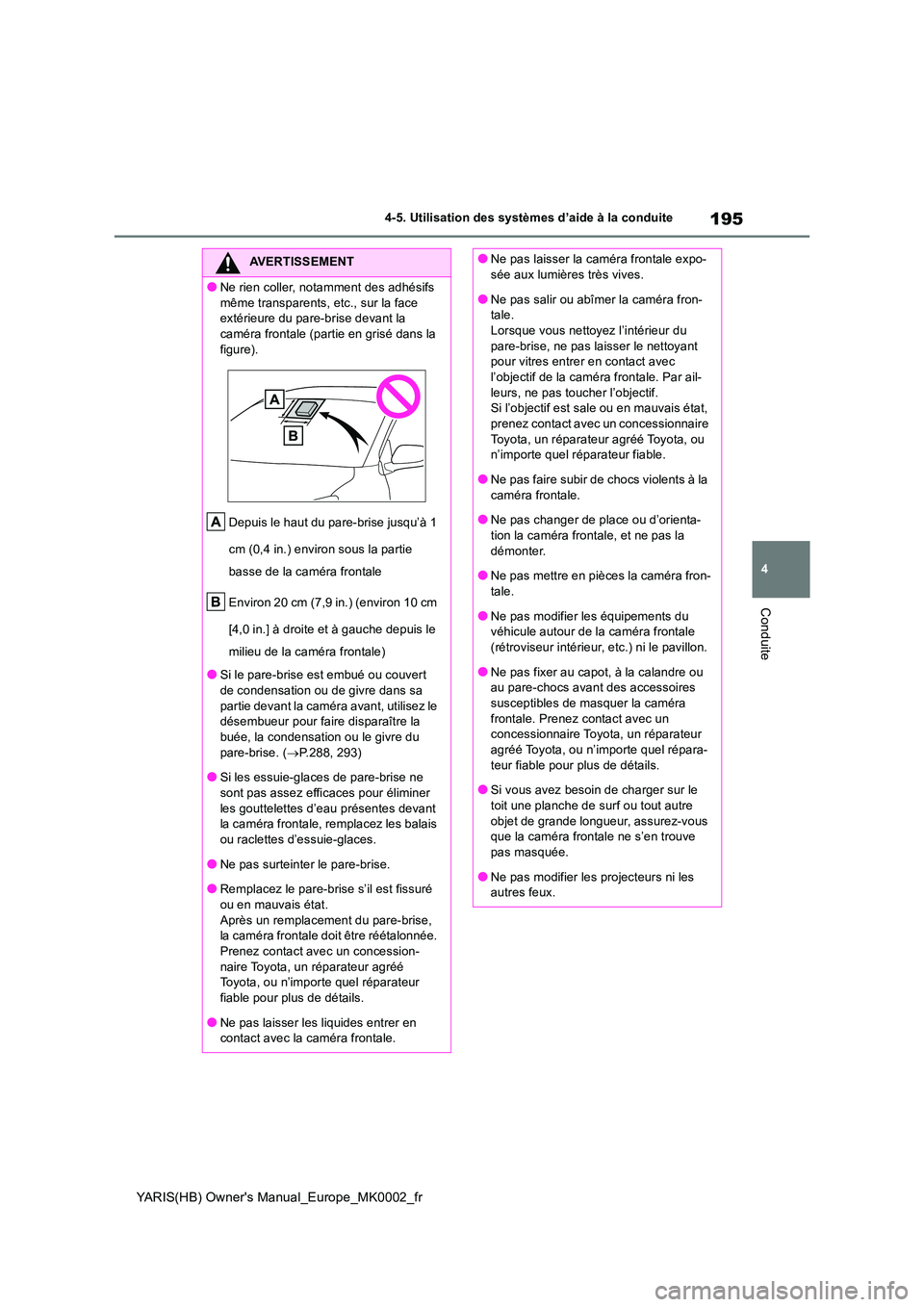 TOYOTA YARIS 2021  Notices Demploi (in French) 195
4
YARIS(HB) Owners Manual_Europe_MK0002_fr
4-5. Utilisation des systèmes d’aide à la conduite
Conduite
AVERTISSEMENT
●Ne rien coller, notamment des adhésifs  
même transparents, etc., sur
