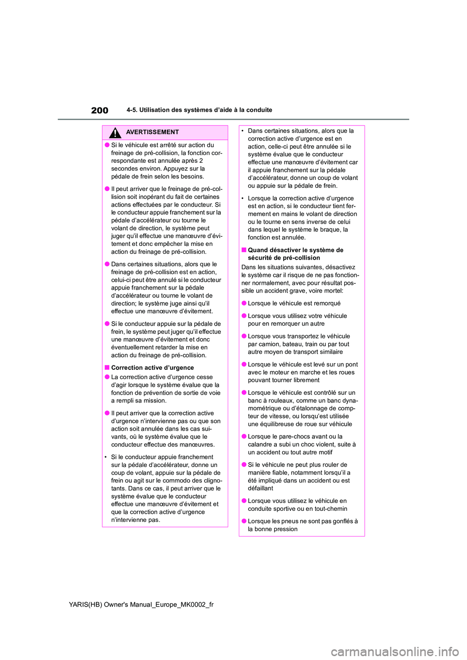 TOYOTA YARIS 2021  Notices Demploi (in French) 200
YARIS(HB) Owners Manual_Europe_MK0002_fr
4-5. Utilisation des systèmes d’aide à la conduite
AVERTISSEMENT
●Si le véhicule est arrêté sur action du  
freinage de pré-collision, la foncti
