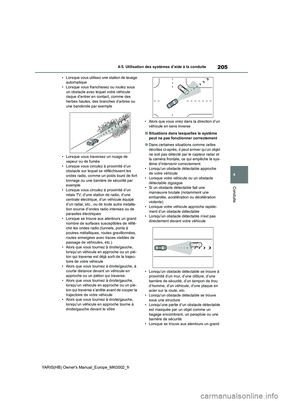 TOYOTA YARIS 2021 Notices Demploi (in French) 205
4
YARIS(HB) Owners Manual_Europe_MK0002_fr
4-5. Utilisation des systèmes d’aide à la conduite
Conduite
• Lorsque vous utilisez une station de lavage
automatique
• Lorsque vous franchisse TOYOTA YARIS 2021 Notices Demploi (in French) 205
4
YARIS(HB) Owners Manual_Europe_MK0002_fr
4-5. Utilisation des systèmes d’aide à la conduite
Conduite
• Lorsque vous utilisez une station de lavage
automatique
• Lorsque vous franchisse