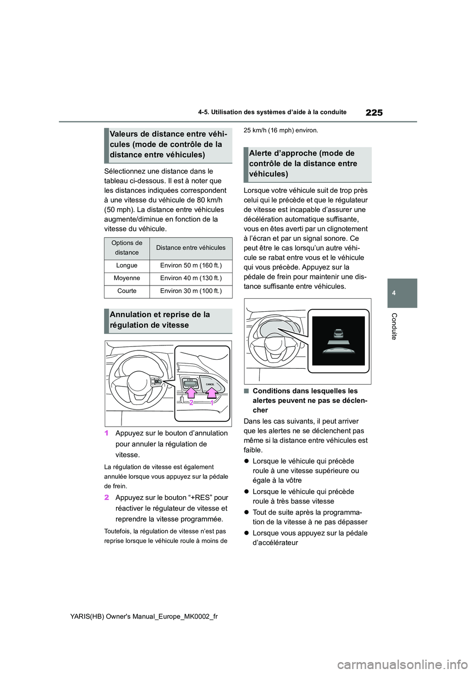 TOYOTA YARIS 2021 Notices Demploi (in French) 225
4
YARIS(HB) Owners Manual_Europe_MK0002_fr
4-5. Utilisation des systèmes d’aide à la conduite
Conduite
Sélectionnez une distance dans le
tableau ci-dessous. Il est à noter que
les distan TOYOTA YARIS 2021 Notices Demploi (in French) 225
4
YARIS(HB) Owners Manual_Europe_MK0002_fr
4-5. Utilisation des systèmes d’aide à la conduite
Conduite
Sélectionnez une distance dans le
tableau ci-dessous. Il est à noter que
les distan