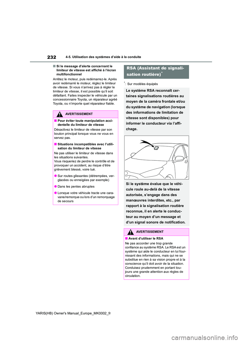 TOYOTA YARIS 2021 Notices Demploi (in French) 232
YARIS(HB) Owners Manual_Europe_MK0002_fr
4-5. Utilisation des systèmes d’aide à la conduite
■Si le message d’alerte concernant le limiteur de vitesse est affiché à l’écran multifonc TOYOTA YARIS 2021 Notices Demploi (in French) 232
YARIS(HB) Owners Manual_Europe_MK0002_fr
4-5. Utilisation des systèmes d’aide à la conduite
■Si le message d’alerte concernant le limiteur de vitesse est affiché à l’écran multifonc
