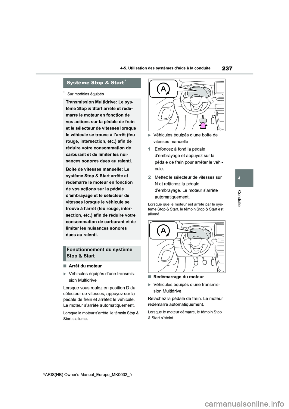 TOYOTA YARIS 2021 Notices Demploi (in French) 237
4
YARIS(HB) Owners Manual_Europe_MK0002_fr
4-5. Utilisation des systèmes d’aide à la conduite
Conduite
*: Sur modèles équipés
■Arrêt du moteur
Véhicules équipés d’une transmis-
TOYOTA YARIS 2021 Notices Demploi (in French) 237
4
YARIS(HB) Owners Manual_Europe_MK0002_fr
4-5. Utilisation des systèmes d’aide à la conduite
Conduite
*: Sur modèles équipés
■Arrêt du moteur
Véhicules équipés d’une transmis-