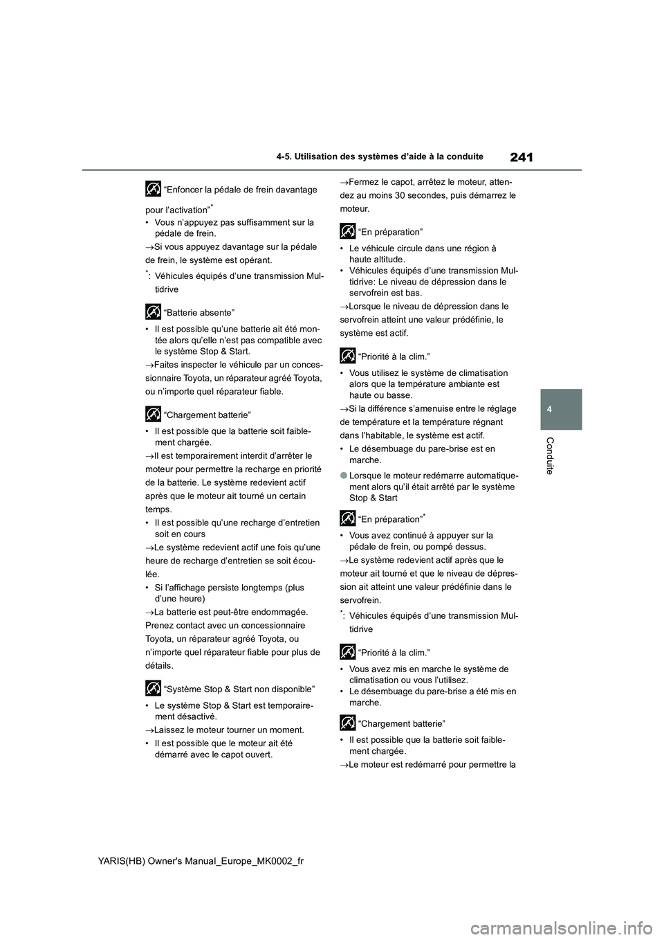 TOYOTA YARIS 2021 Notices Demploi (in French) 241
4
YARIS(HB) Owners Manual_Europe_MK0002_fr
4-5. Utilisation des systèmes d’aide à la conduite
Conduite
“Enfoncer la pédale de frein davantage
pour l’activation”
*
• Vous n’appuye TOYOTA YARIS 2021 Notices Demploi (in French) 241
4
YARIS(HB) Owners Manual_Europe_MK0002_fr
4-5. Utilisation des systèmes d’aide à la conduite
Conduite
“Enfoncer la pédale de frein davantage
pour l’activation”
*
• Vous n’appuye