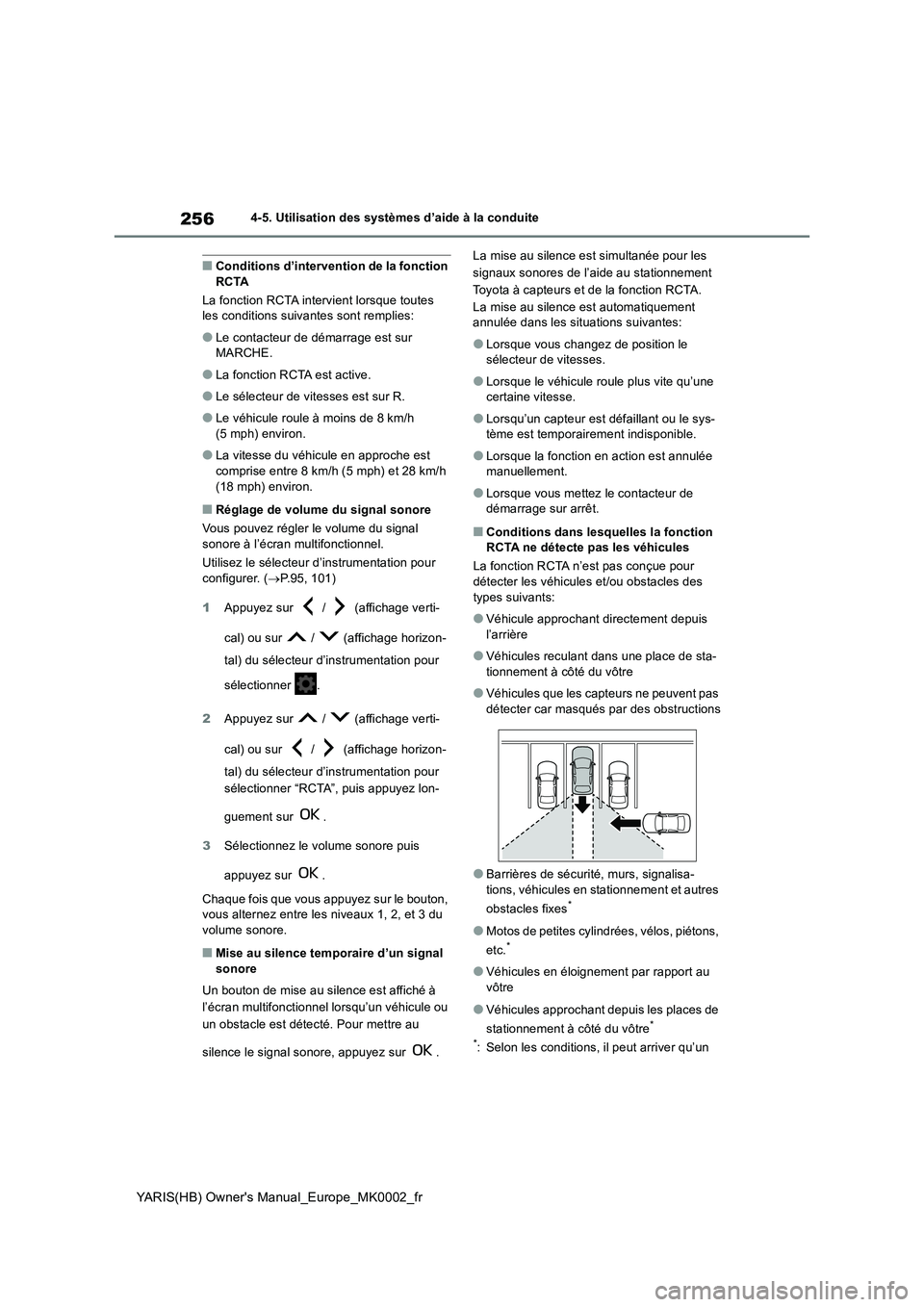 TOYOTA YARIS 2021  Notices Demploi (in French) 256
YARIS(HB) Owners Manual_Europe_MK0002_fr
4-5. Utilisation des systèmes d’aide à la conduite
■Conditions d’intervention de la fonction  RCTA 
La fonction RCTA intervient lorsque toutes  le