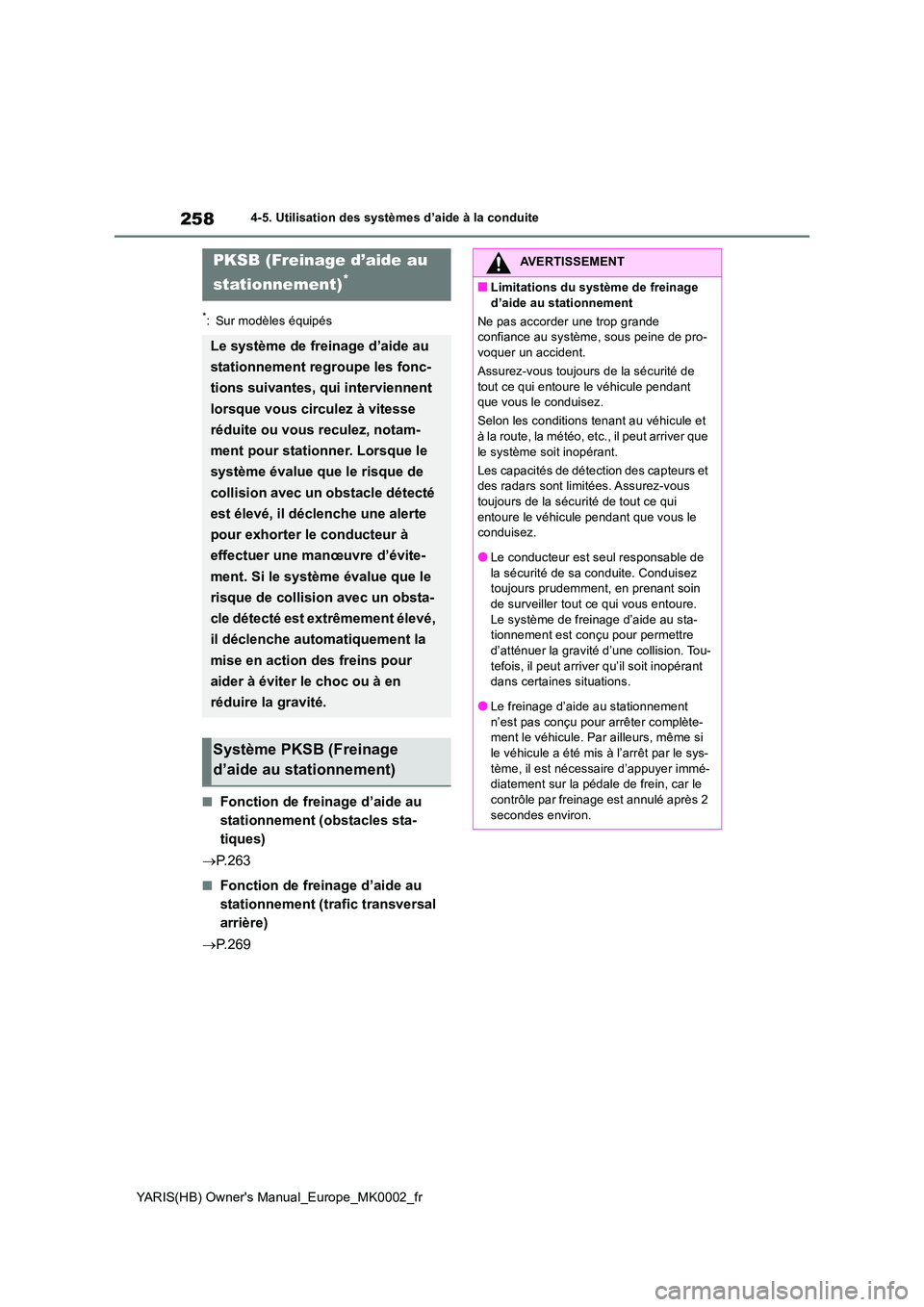 TOYOTA YARIS 2021  Notices Demploi (in French) 258
YARIS(HB) Owners Manual_Europe_MK0002_fr
4-5. Utilisation des systèmes d’aide à la conduite
*: Sur modèles équipés
■Fonction de freinage d’aide au  
stationnement (obstacles sta-
tique