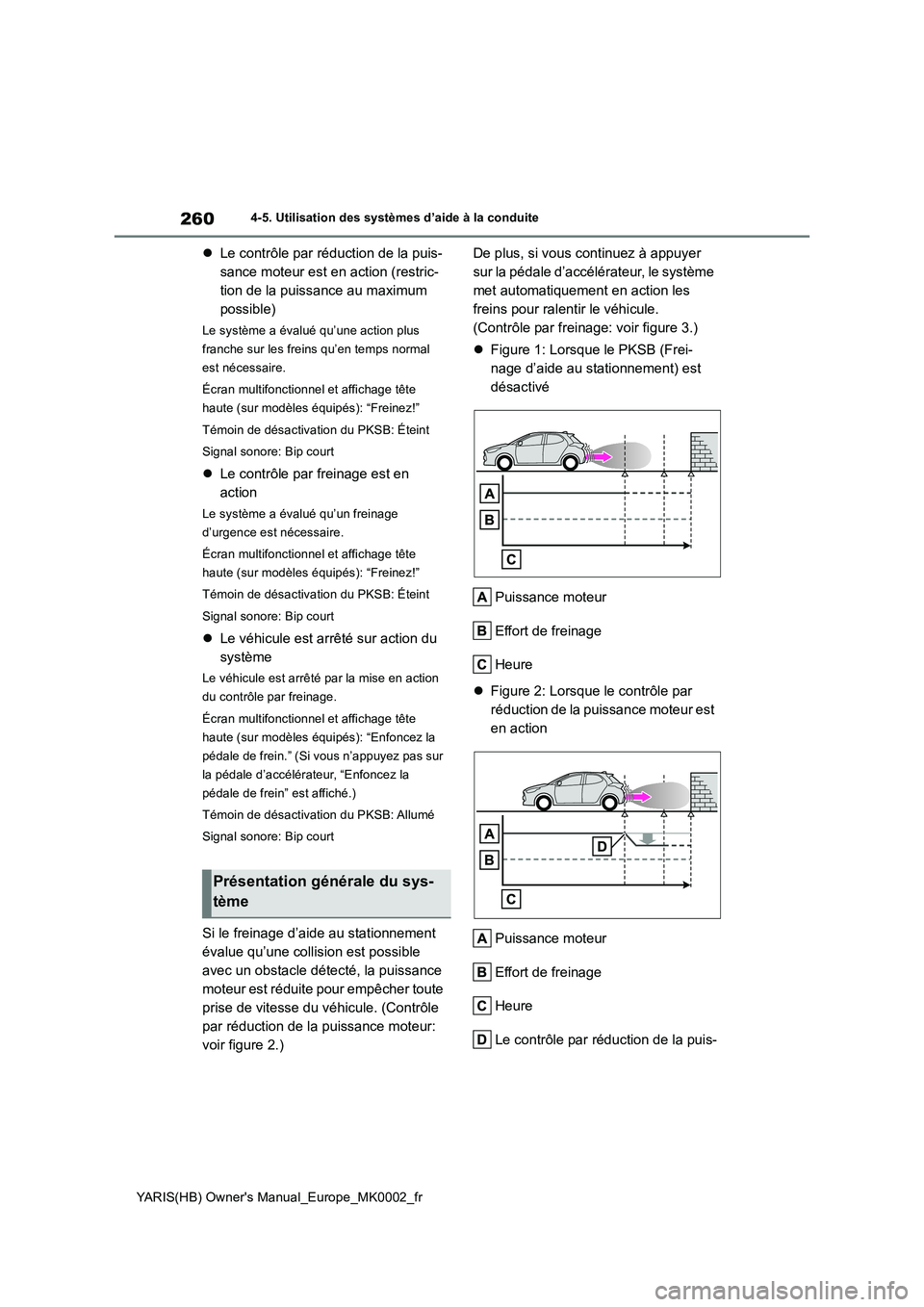 TOYOTA YARIS 2021  Notices Demploi (in French) 260
YARIS(HB) Owners Manual_Europe_MK0002_fr
4-5. Utilisation des systèmes d’aide à la conduite
�zLe contrôle par réduction de la puis- 
sance moteur est en action (restric-
tion de la puissanc