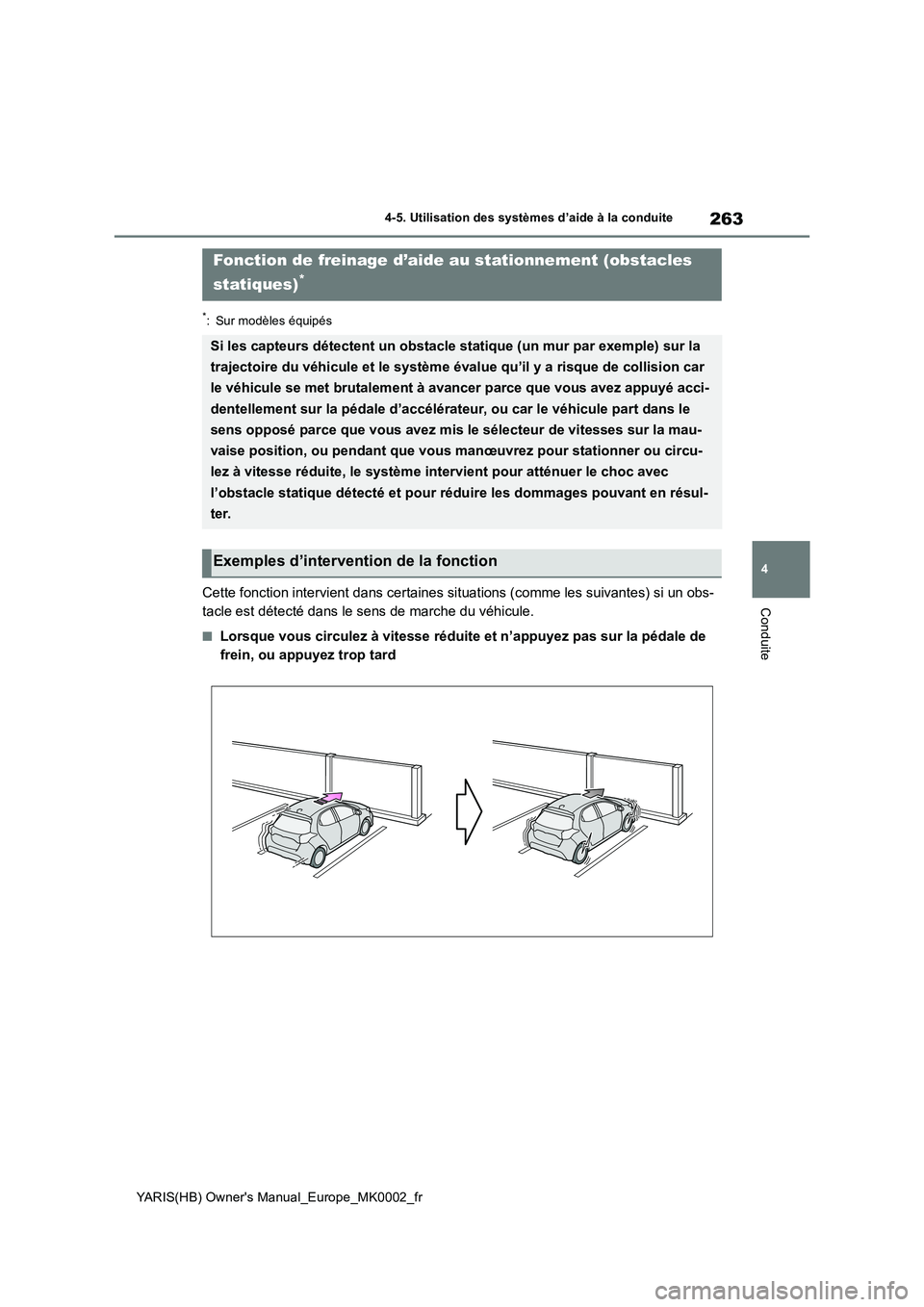 TOYOTA YARIS 2021 Notices Demploi (in French) 263
4
YARIS(HB) Owners Manual_Europe_MK0002_fr
4-5. Utilisation des systèmes d’aide à la conduite
Conduite
*: Sur modèles équipés
Cette fonction intervient dans certaines situations (comme les TOYOTA YARIS 2021 Notices Demploi (in French) 263
4
YARIS(HB) Owners Manual_Europe_MK0002_fr
4-5. Utilisation des systèmes d’aide à la conduite
Conduite
*: Sur modèles équipés
Cette fonction intervient dans certaines situations (comme les