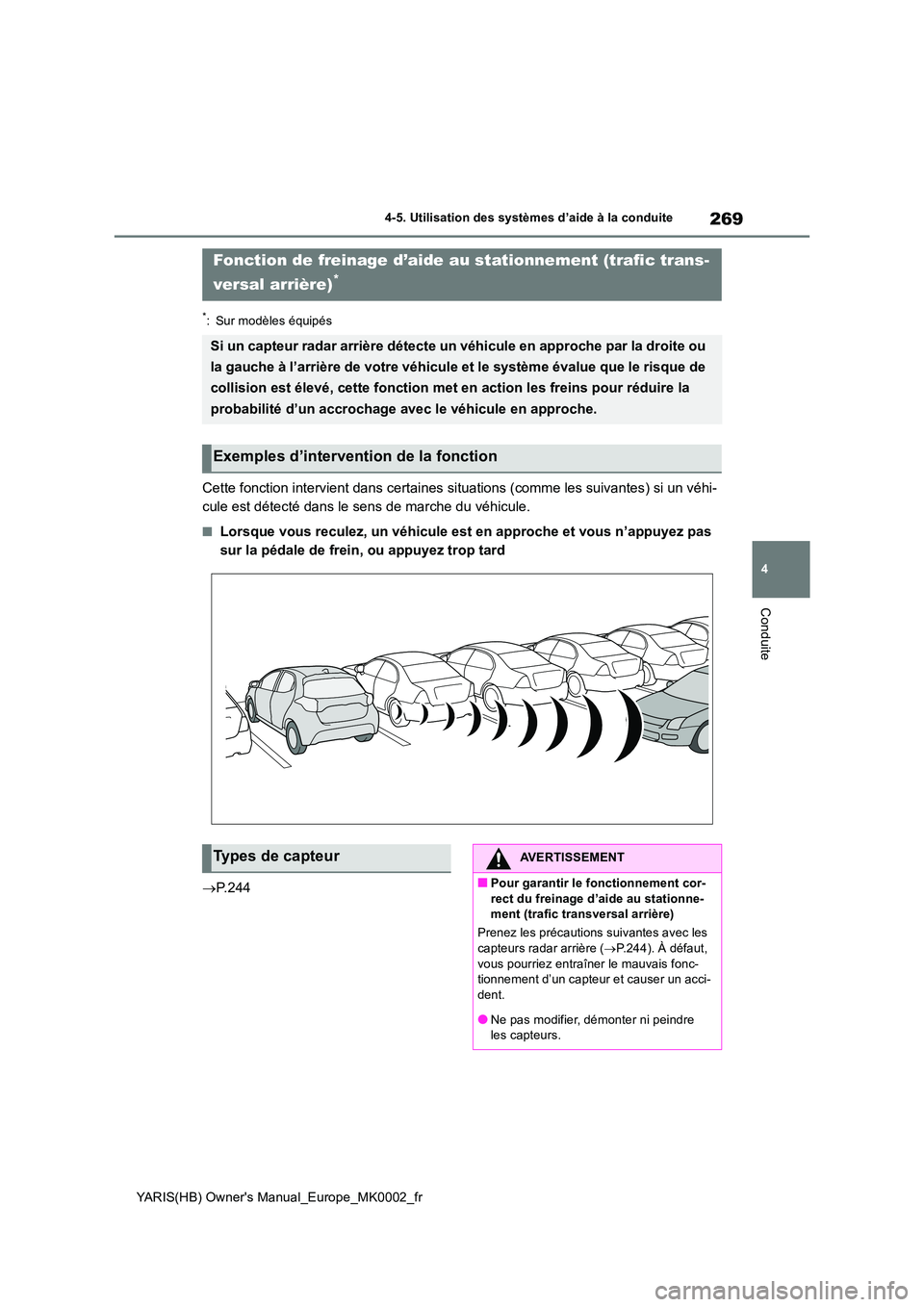 TOYOTA YARIS 2021 Notices Demploi (in French) 269
4
YARIS(HB) Owners Manual_Europe_MK0002_fr
4-5. Utilisation des systèmes d’aide à la conduite
Conduite
*: Sur modèles équipés
Cette fonction intervient dans certaines situations (comme les TOYOTA YARIS 2021 Notices Demploi (in French) 269
4
YARIS(HB) Owners Manual_Europe_MK0002_fr
4-5. Utilisation des systèmes d’aide à la conduite
Conduite
*: Sur modèles équipés
Cette fonction intervient dans certaines situations (comme les