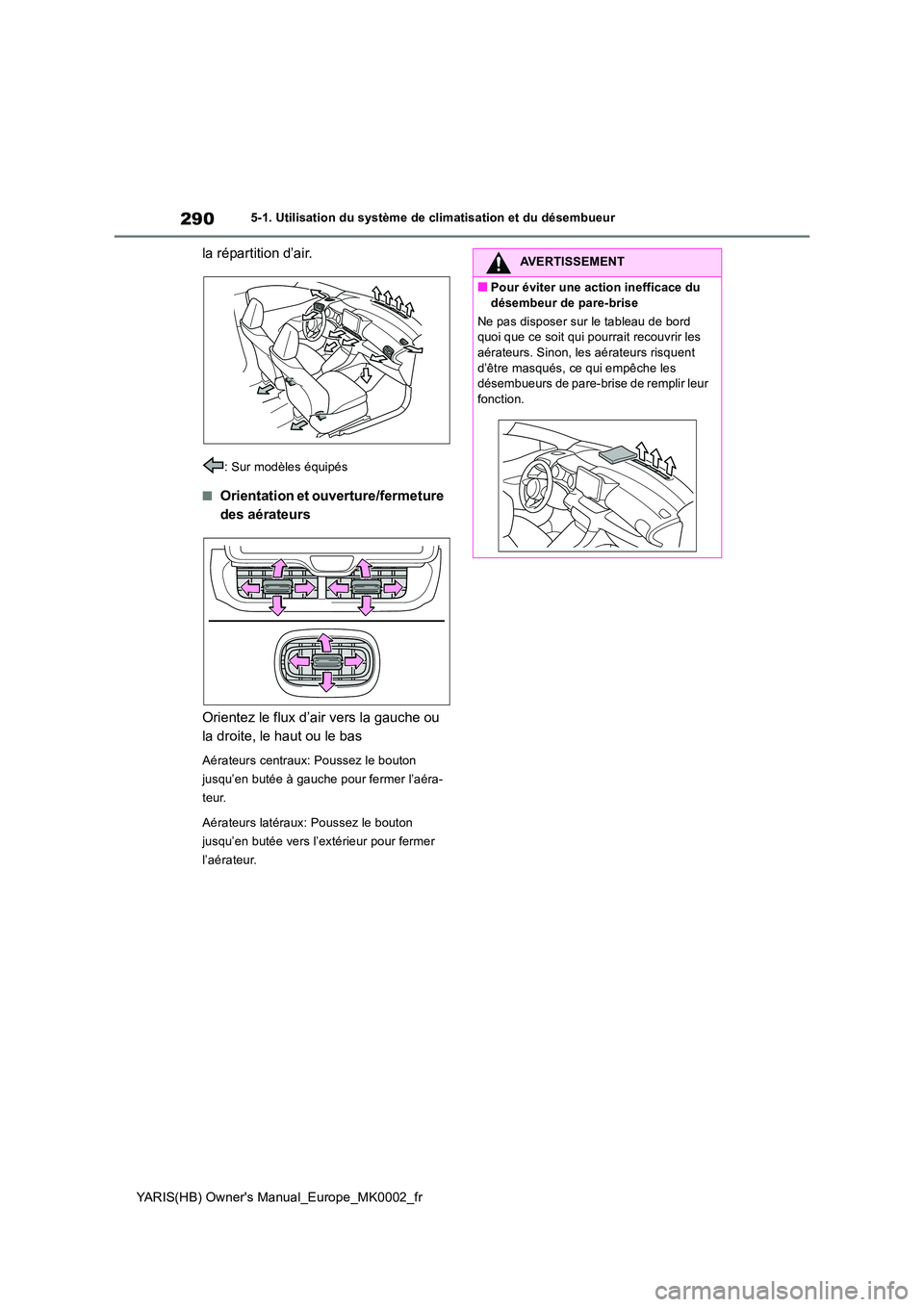 TOYOTA YARIS 2021  Notices Demploi (in French) 290
YARIS(HB) Owners Manual_Europe_MK0002_fr
5-1. Utilisation du système de climatisation et du désembueur
la répartition d’air.
: Sur modèles équipés
■Orientation et ouverture/fermeture  
