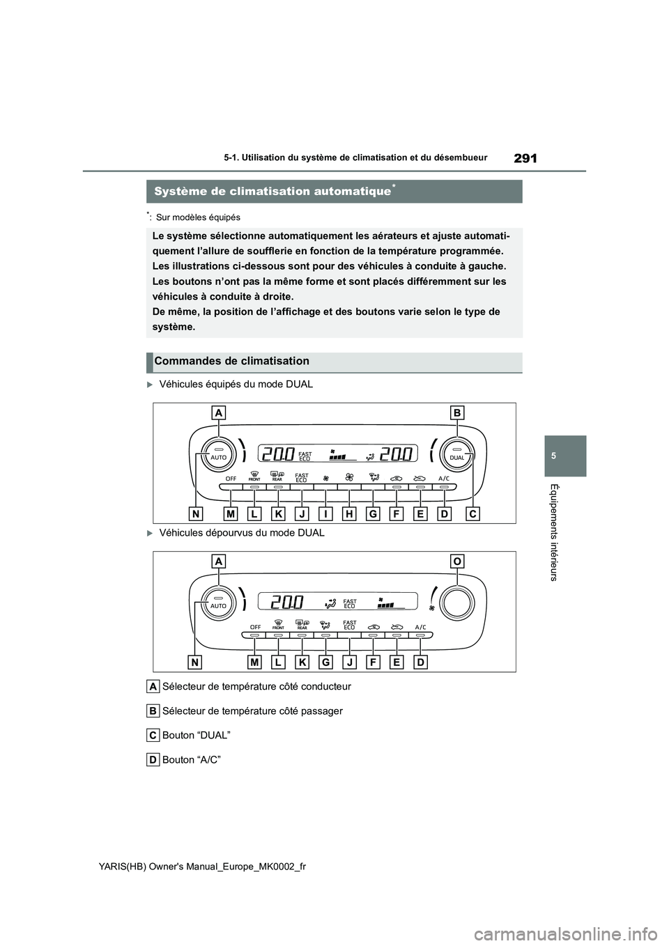 TOYOTA YARIS 2021 Notices Demploi (in French) 291
5
YARIS(HB) Owners Manual_Europe_MK0002_fr
5-1. Utilisation du système de climatisation et du désembueur
Équipements intérieurs
*: Sur modèles équipés
Véhicules équipés du mode DUAL
TOYOTA YARIS 2021 Notices Demploi (in French) 291
5
YARIS(HB) Owners Manual_Europe_MK0002_fr
5-1. Utilisation du système de climatisation et du désembueur
Équipements intérieurs
*: Sur modèles équipés
Véhicules équipés du mode DUAL