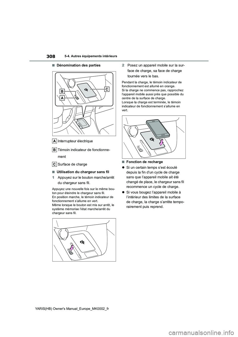 TOYOTA YARIS 2021 Notices Demploi (in French) 308
YARIS(HB) Owners Manual_Europe_MK0002_fr
5-4. Autres équipements intérieurs
■Dénomination des parties
Interrupteur électrique
Témoin indicateur de fonctionne-
ment
Surface de charge
■Uti TOYOTA YARIS 2021 Notices Demploi (in French) 308
YARIS(HB) Owners Manual_Europe_MK0002_fr
5-4. Autres équipements intérieurs
■Dénomination des parties
Interrupteur électrique
Témoin indicateur de fonctionne-
ment
Surface de charge
■Uti
