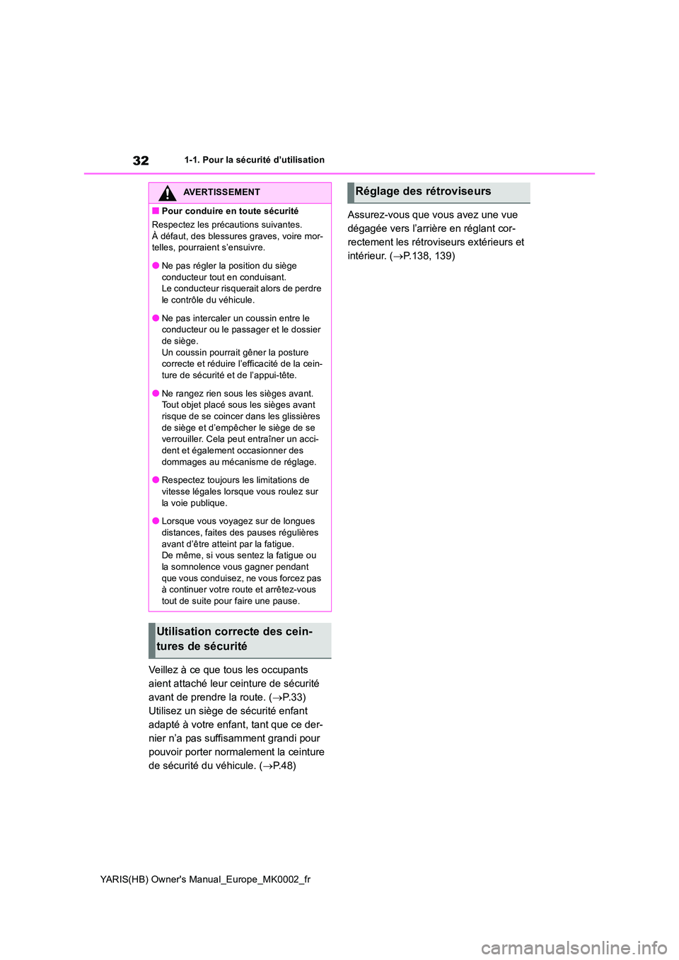 TOYOTA YARIS 2021  Notices Demploi (in French) 32
YARIS(HB) Owners Manual_Europe_MK0002_fr
1-1. Pour la sécurité d’utilisation
Veillez à ce que tous les occupants  
aient attaché leur ceinture de sécurité 
avant de prendre la route. ( →