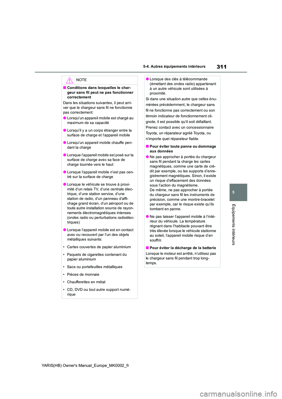 TOYOTA YARIS 2021 Notices Demploi (in French) 311
5
YARIS(HB) Owners Manual_Europe_MK0002_fr
5-4. Autres équipements intérieurs
Équipements intérieurs
NOTE
■Conditions dans lesquelles le char-
geur sans fil peut ne pas fonctionner correc TOYOTA YARIS 2021 Notices Demploi (in French) 311
5
YARIS(HB) Owners Manual_Europe_MK0002_fr
5-4. Autres équipements intérieurs
Équipements intérieurs
NOTE
■Conditions dans lesquelles le char-
geur sans fil peut ne pas fonctionner correc