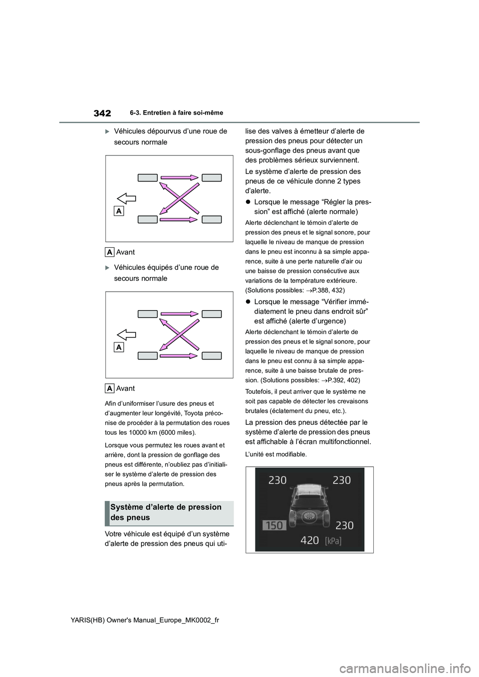 TOYOTA YARIS 2021 Notices Demploi (in French) 342
YARIS(HB) Owners Manual_Europe_MK0002_fr
6-3. Entretien à faire soi-même
Véhicules dépourvus d’une roue de
secours normale
Avant
Véhicules équipés d’une roue de
secours normale TOYOTA YARIS 2021 Notices Demploi (in French) 342
YARIS(HB) Owners Manual_Europe_MK0002_fr
6-3. Entretien à faire soi-même
Véhicules dépourvus d’une roue de
secours normale
Avant
Véhicules équipés d’une roue de
secours normale