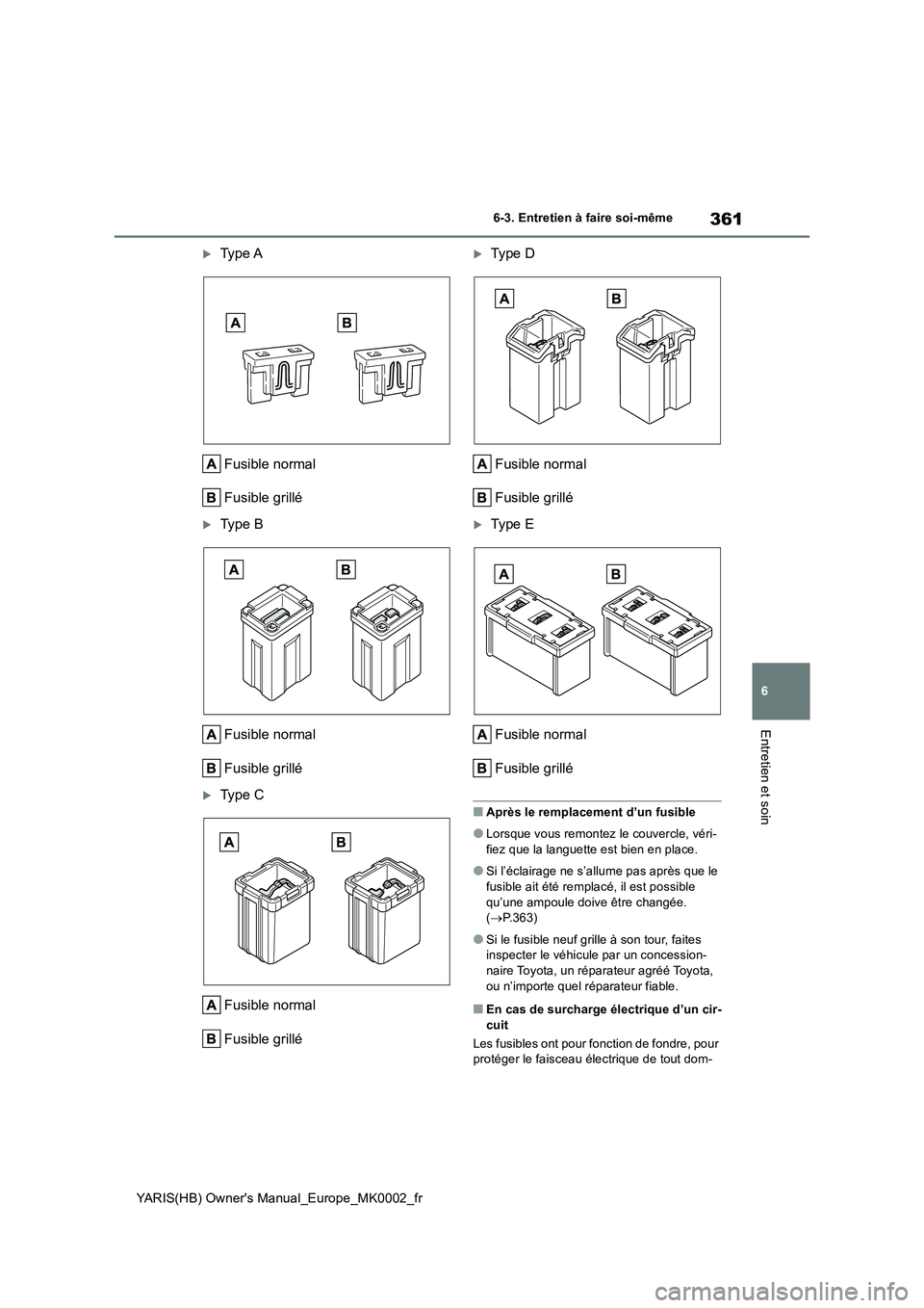 TOYOTA YARIS 2021 Notices Demploi (in French) 361
6
YARIS(HB) Owners Manual_Europe_MK0002_fr
6-3. Entretien à faire soi-même
Entretien et soin
Ty p e A
Fusible normal
Fusible grillé
Ty p e B
Fusible normal
Fusible grillé
Ty p e C TOYOTA YARIS 2021 Notices Demploi (in French) 361
6
YARIS(HB) Owners Manual_Europe_MK0002_fr
6-3. Entretien à faire soi-même
Entretien et soin
Ty p e A
Fusible normal
Fusible grillé
Ty p e B
Fusible normal
Fusible grillé
Ty p e C